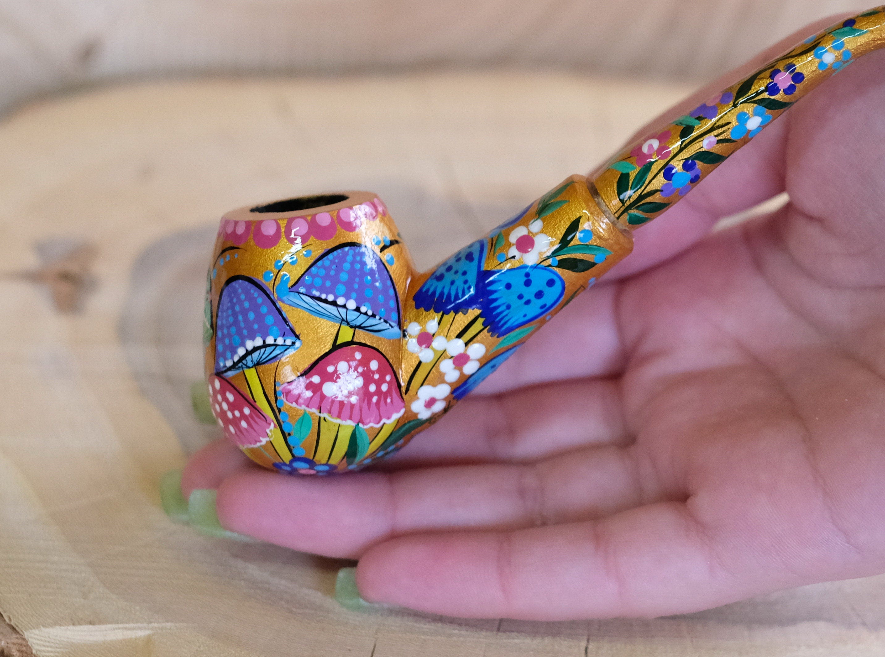 Painted Wooden Mushroom Smoking Pipe - Ukrainian Folk Art Tobacco Pipe