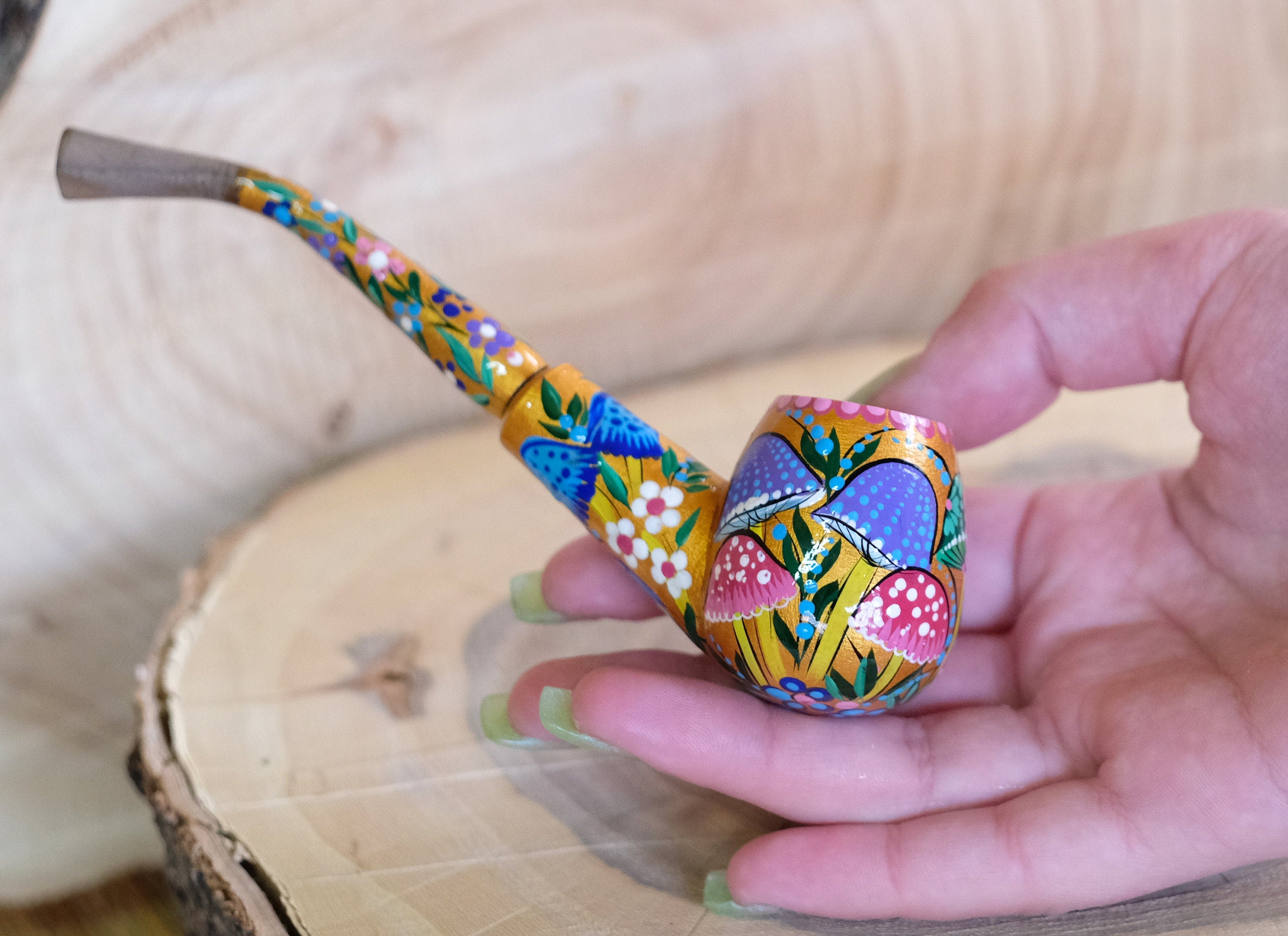 Painted Wooden Mushroom Smoking Pipe - Ukrainian Folk Art Tobacco Pipe