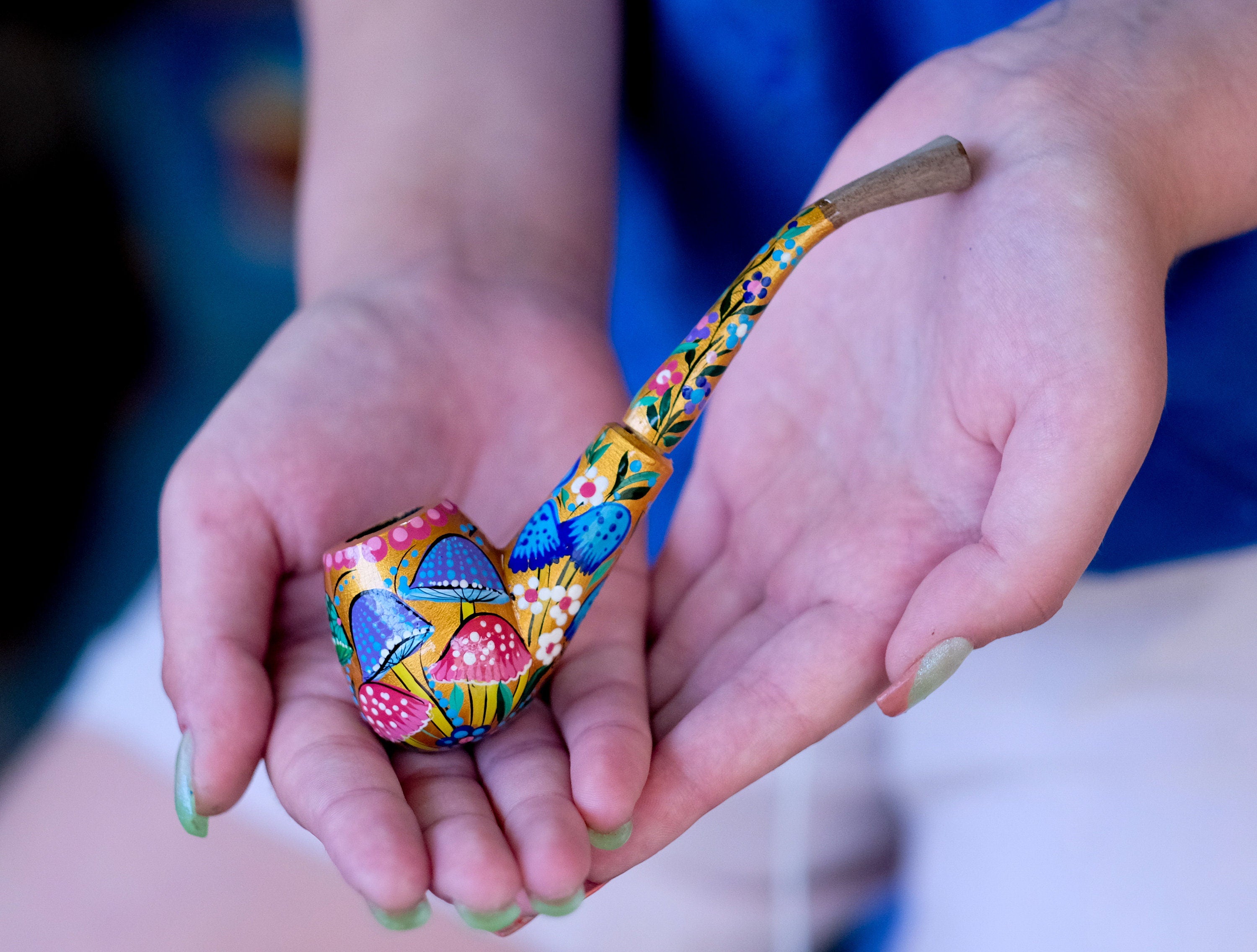 Painted Wooden Mushroom Smoking Pipe - Ukrainian Folk Art Tobacco Pipe