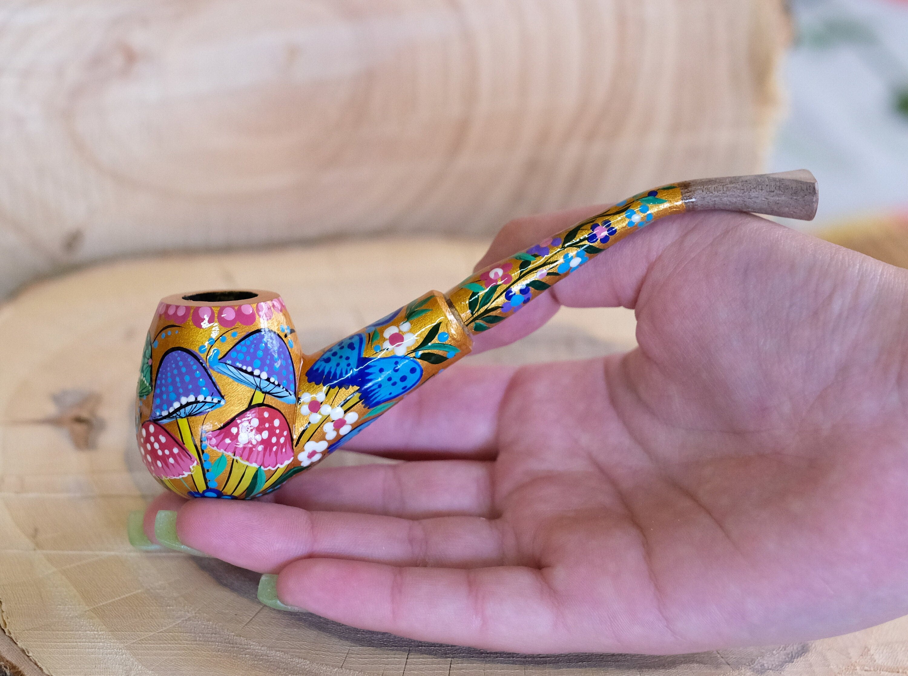 Painted Wooden Mushroom Smoking Pipe - Ukrainian Folk Art Tobacco Pipe