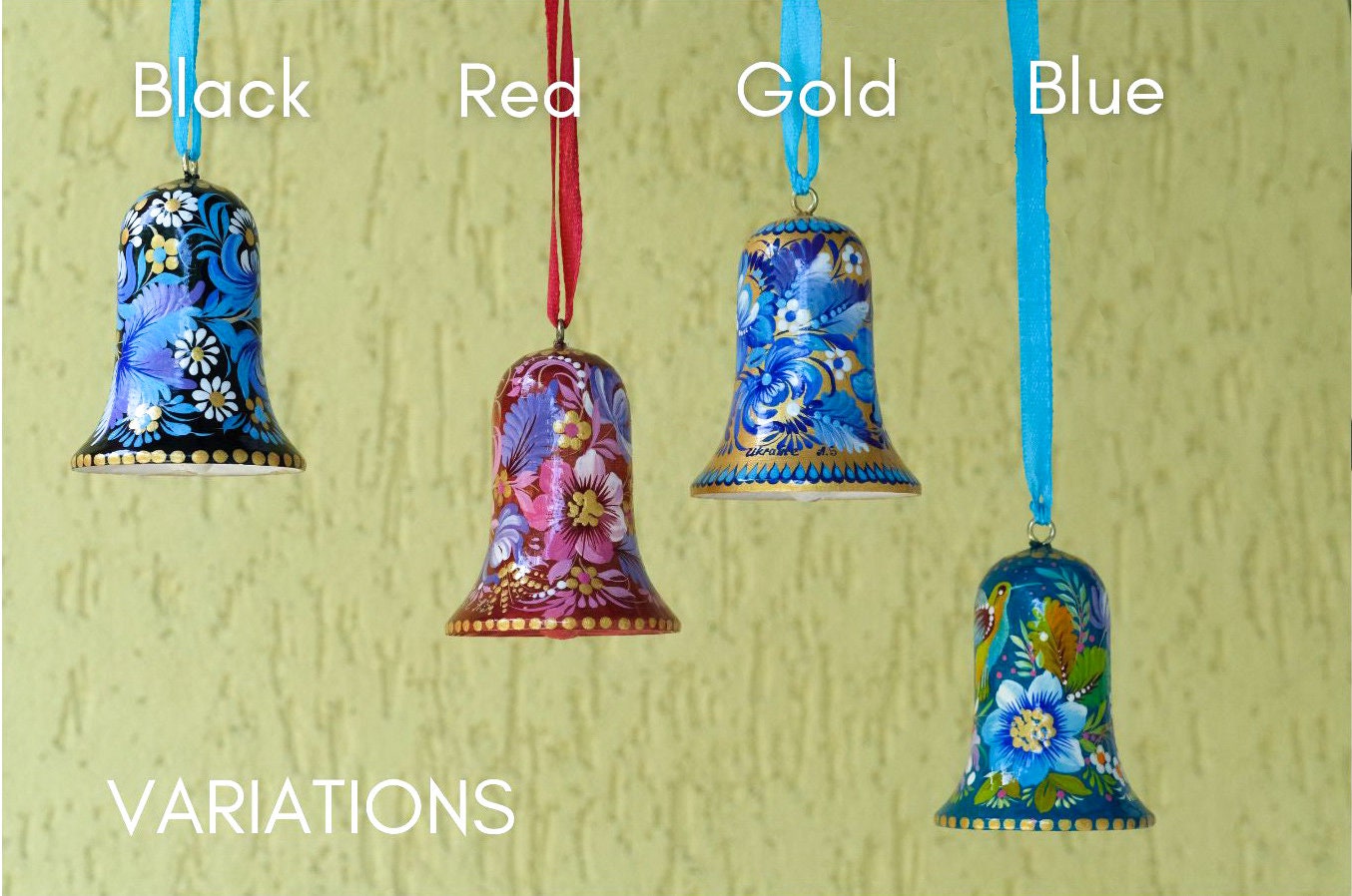 Ukrainian Christmas ornament bell, Christmas bell decoration, Painted Petrykivka ornament, Blue flower tree decor, Unique wooden ornament