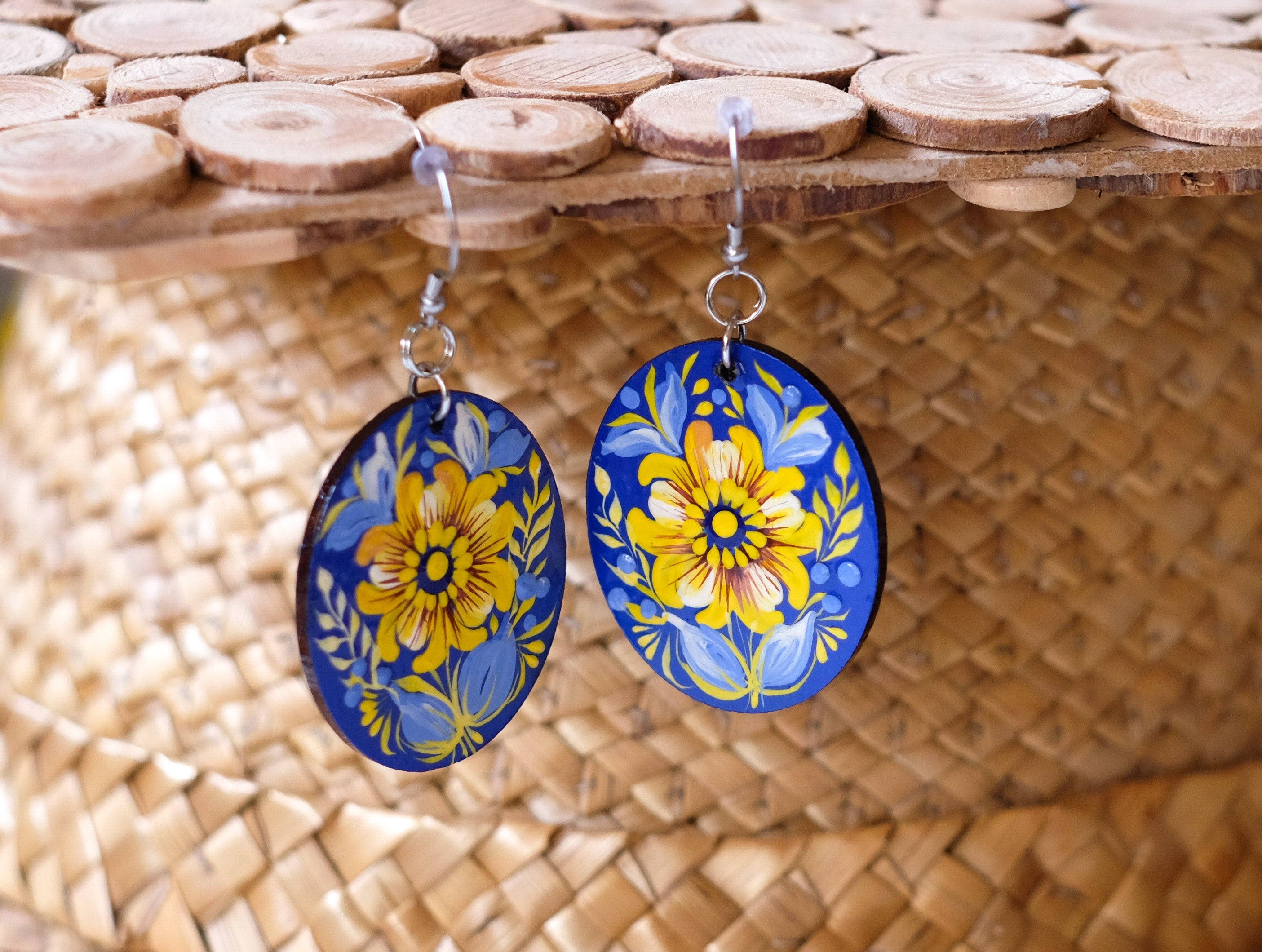 Ukrainian dangle earrings, Hypoallergenic wooden earrings, Blue and yellow earrrings, Lightweight circle earrings, Petrykivka flower earring