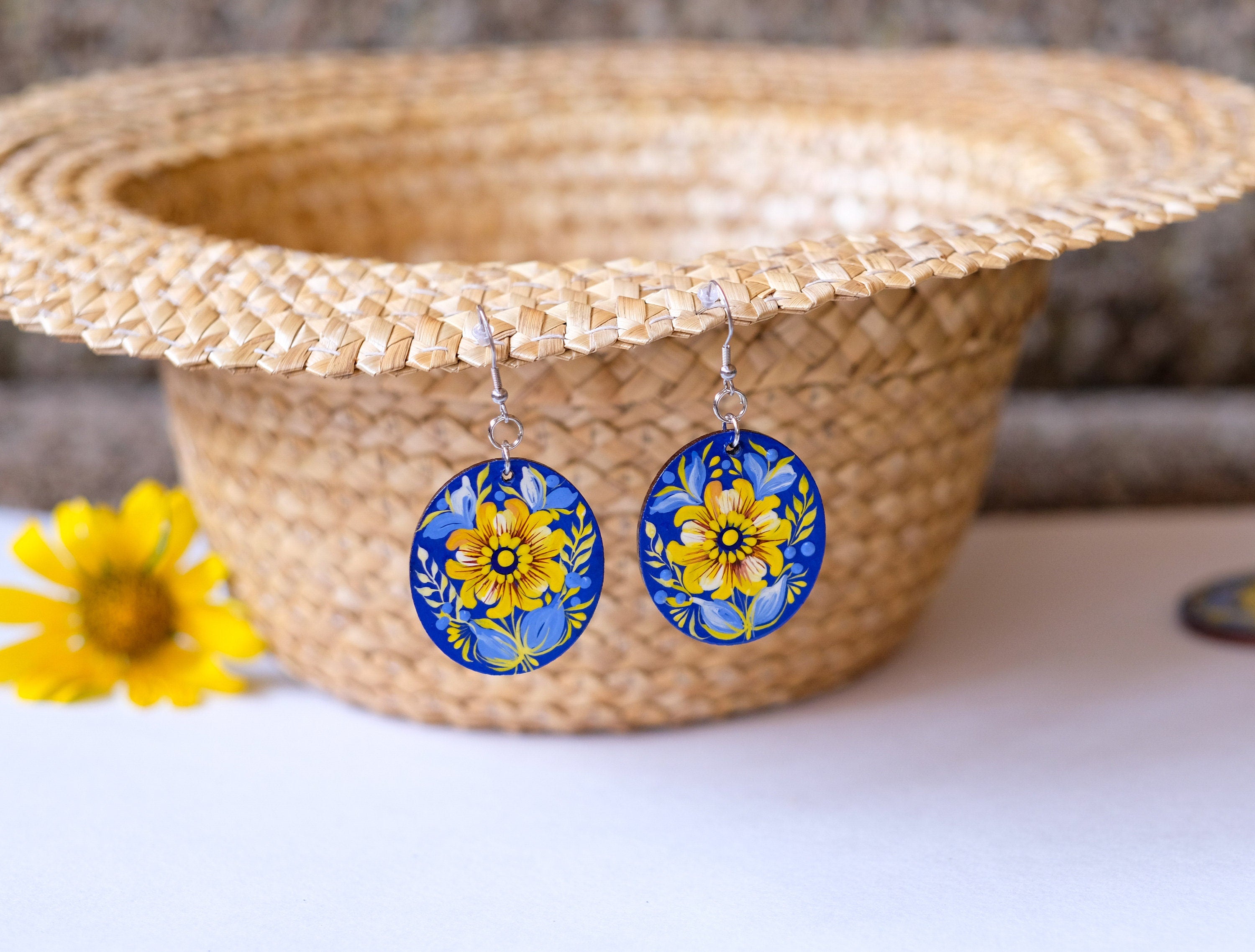 Ukrainian dangle earrings, Hypoallergenic wooden earrings, Blue and yellow earrrings, Lightweight circle earrings, Petrykivka flower earring