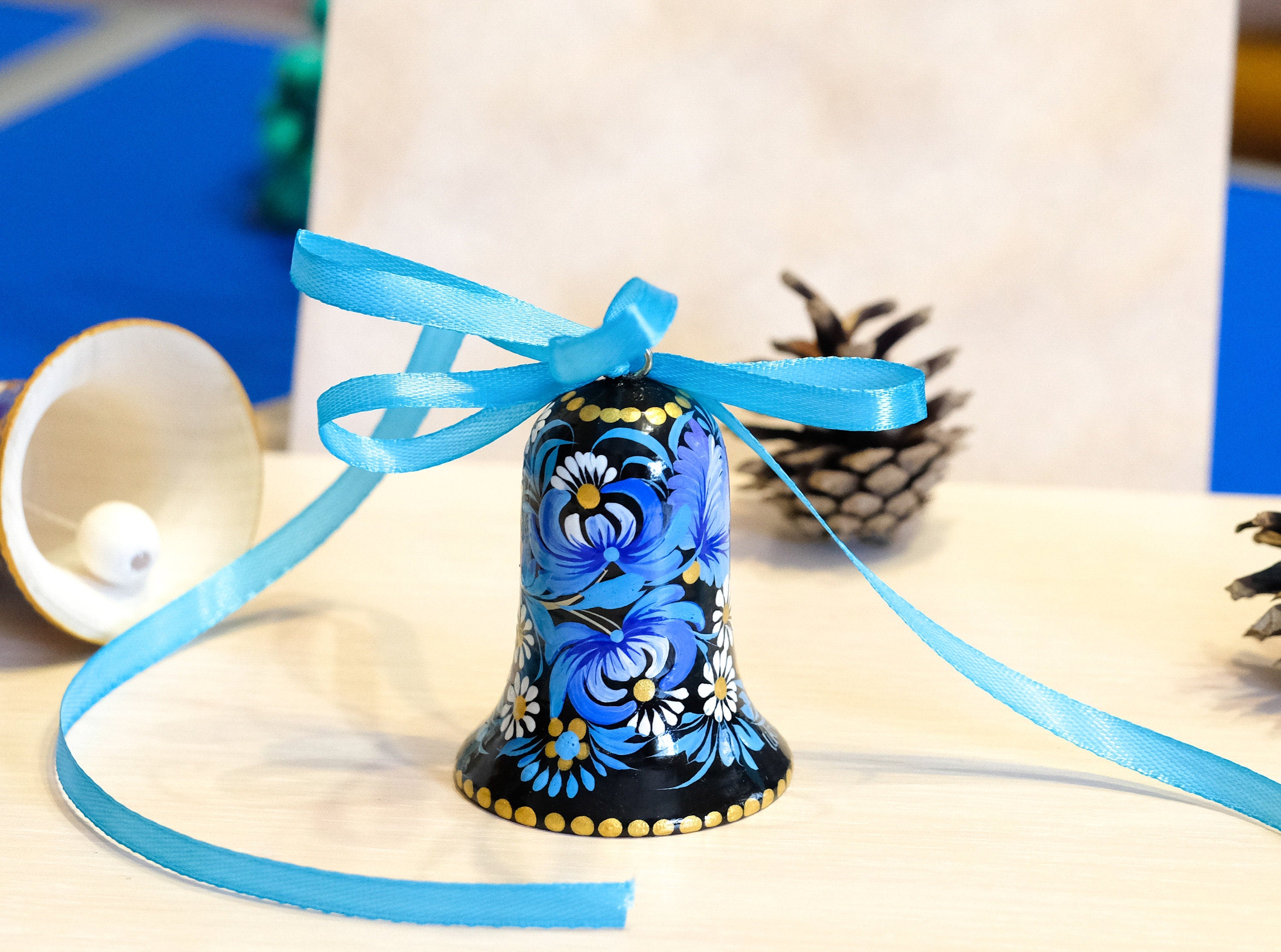 Ukrainian Christmas ornament bell, Christmas bell decoration, Painted Petrykivka ornament, Blue flower tree decor, Unique wooden ornament