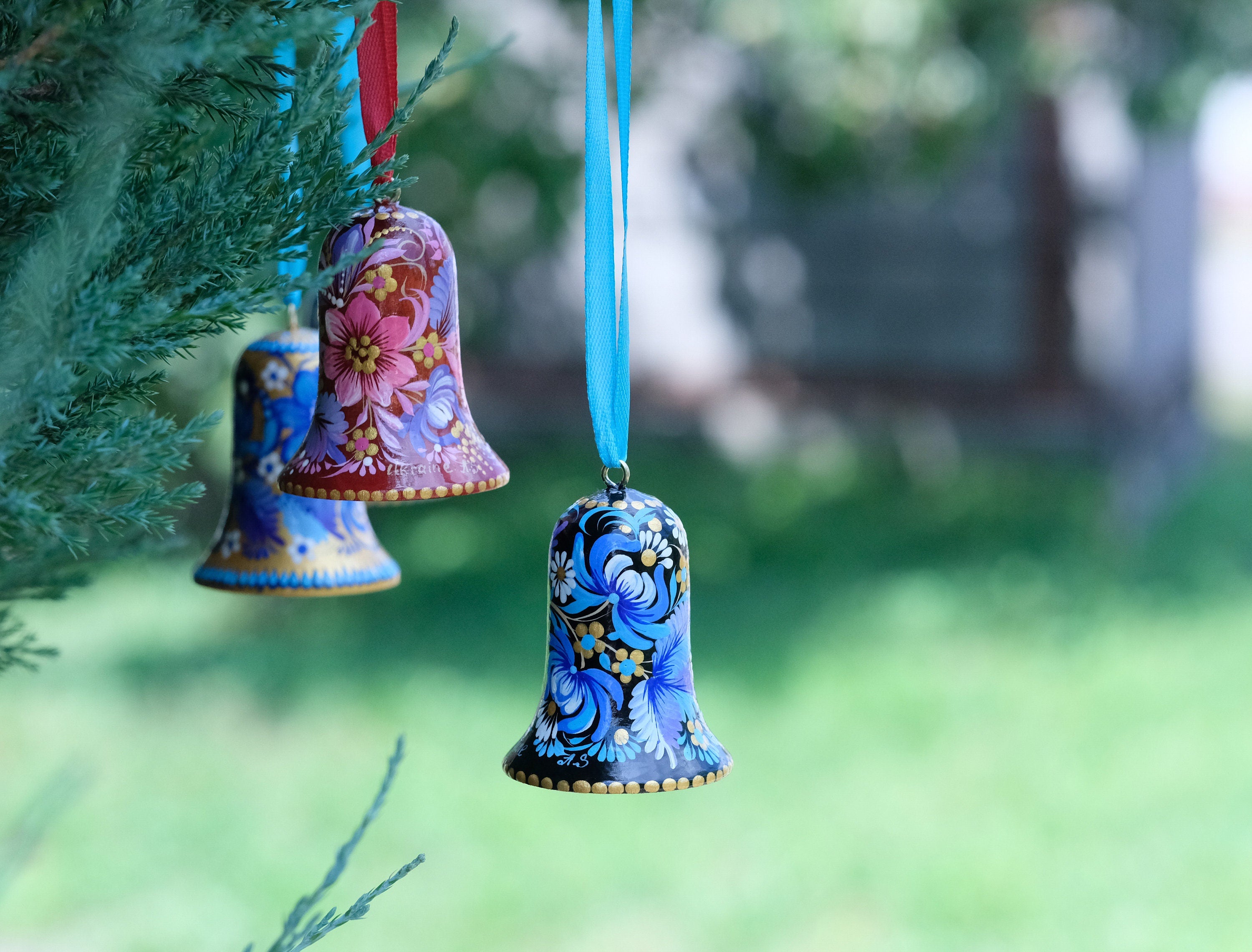 Ukrainian Christmas ornament bell, Christmas bell decoration, Painted Petrykivka ornament, Blue flower tree decor, Unique wooden ornament