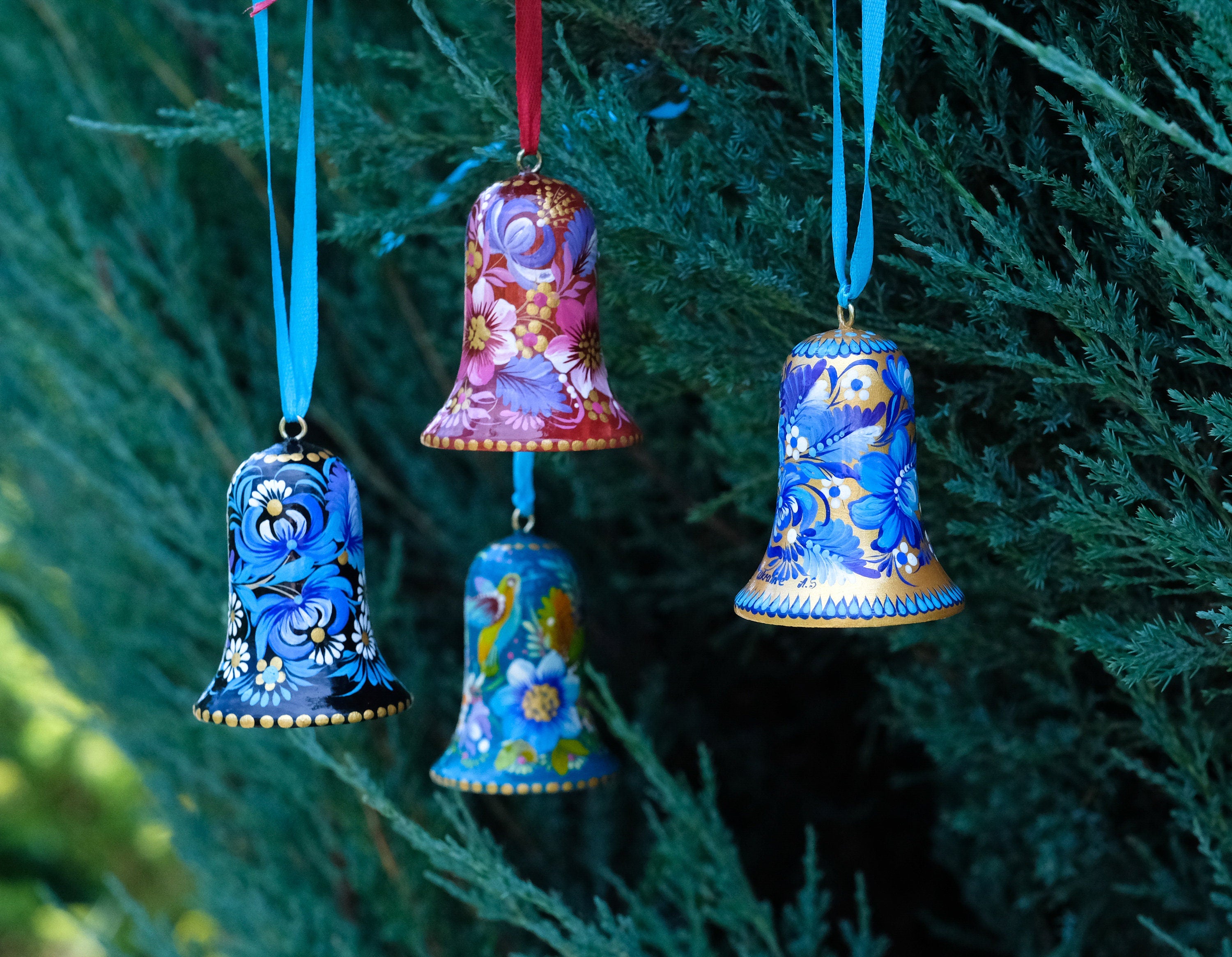 Ukrainian Christmas ornament bell, Christmas bell decoration, Painted Petrykivka ornament, Blue flower tree decor, Unique wooden ornament