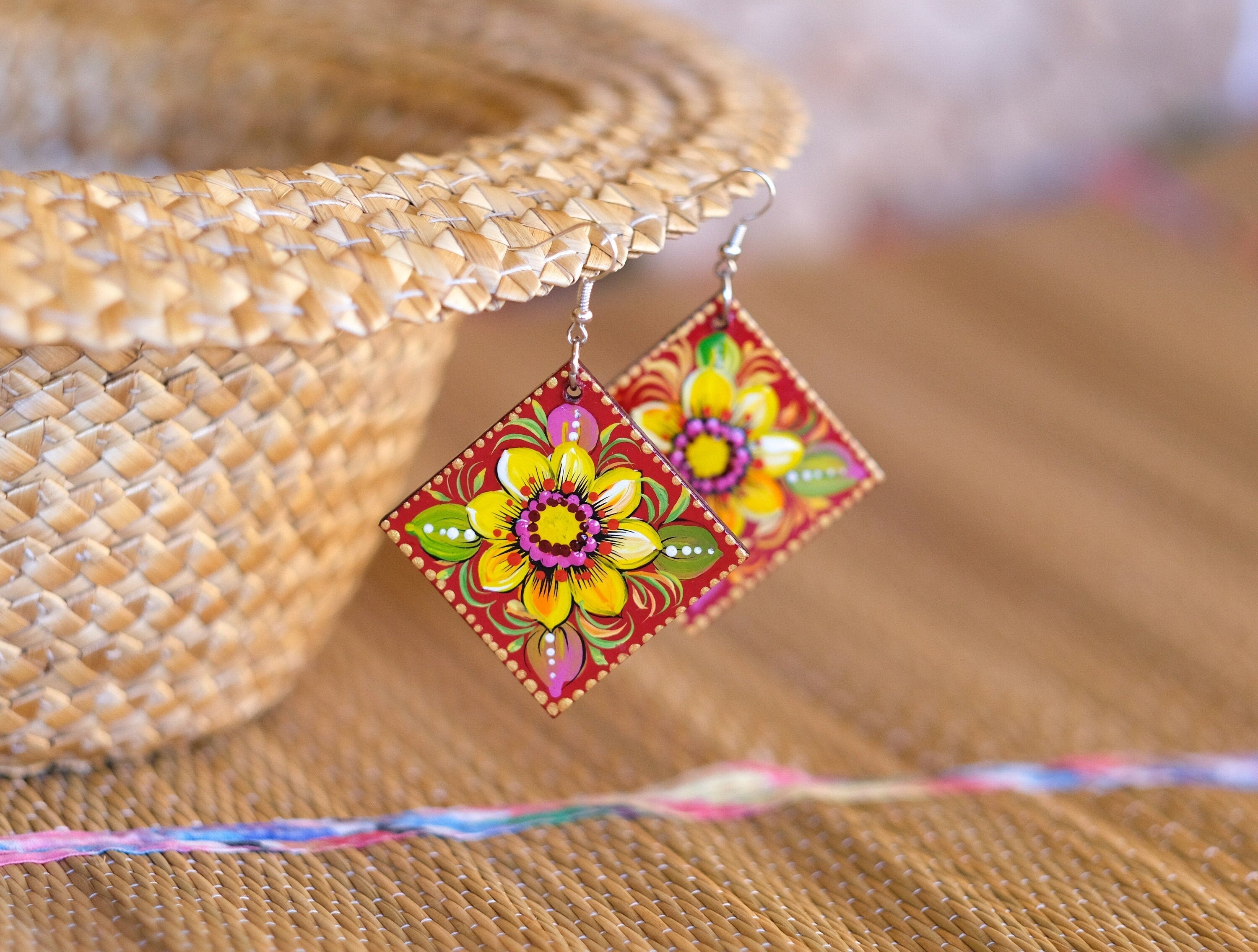 Painted Hypoallergenic Wooden Sunflower Earrings - Artisanal Large Statement Dangle Drop Earrings