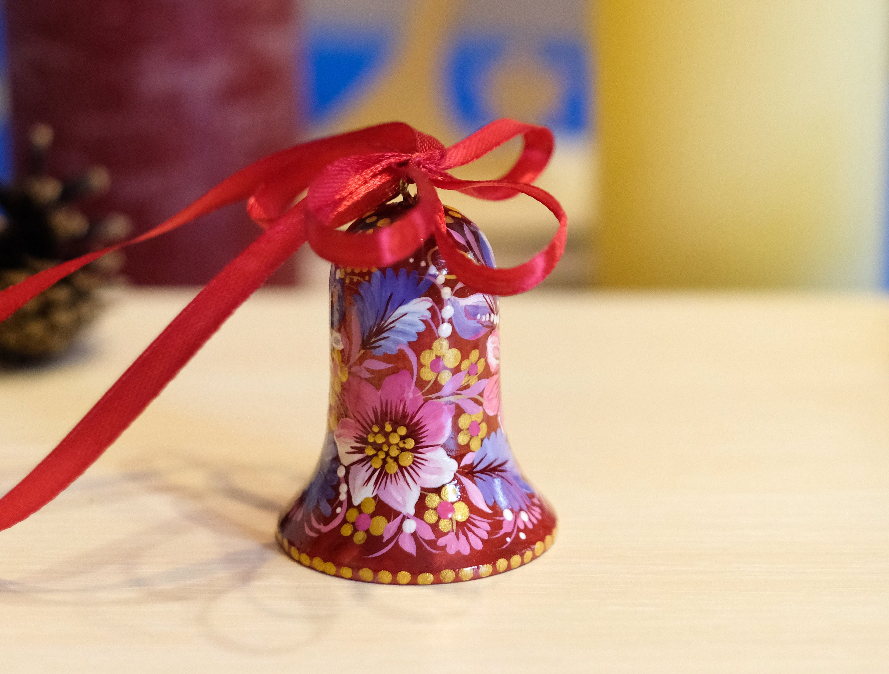 Painted Wooden Red Flower Bell Christmas Ornament - Handmade Artisanal Christmas Tree Decoration, Petrykivka Art