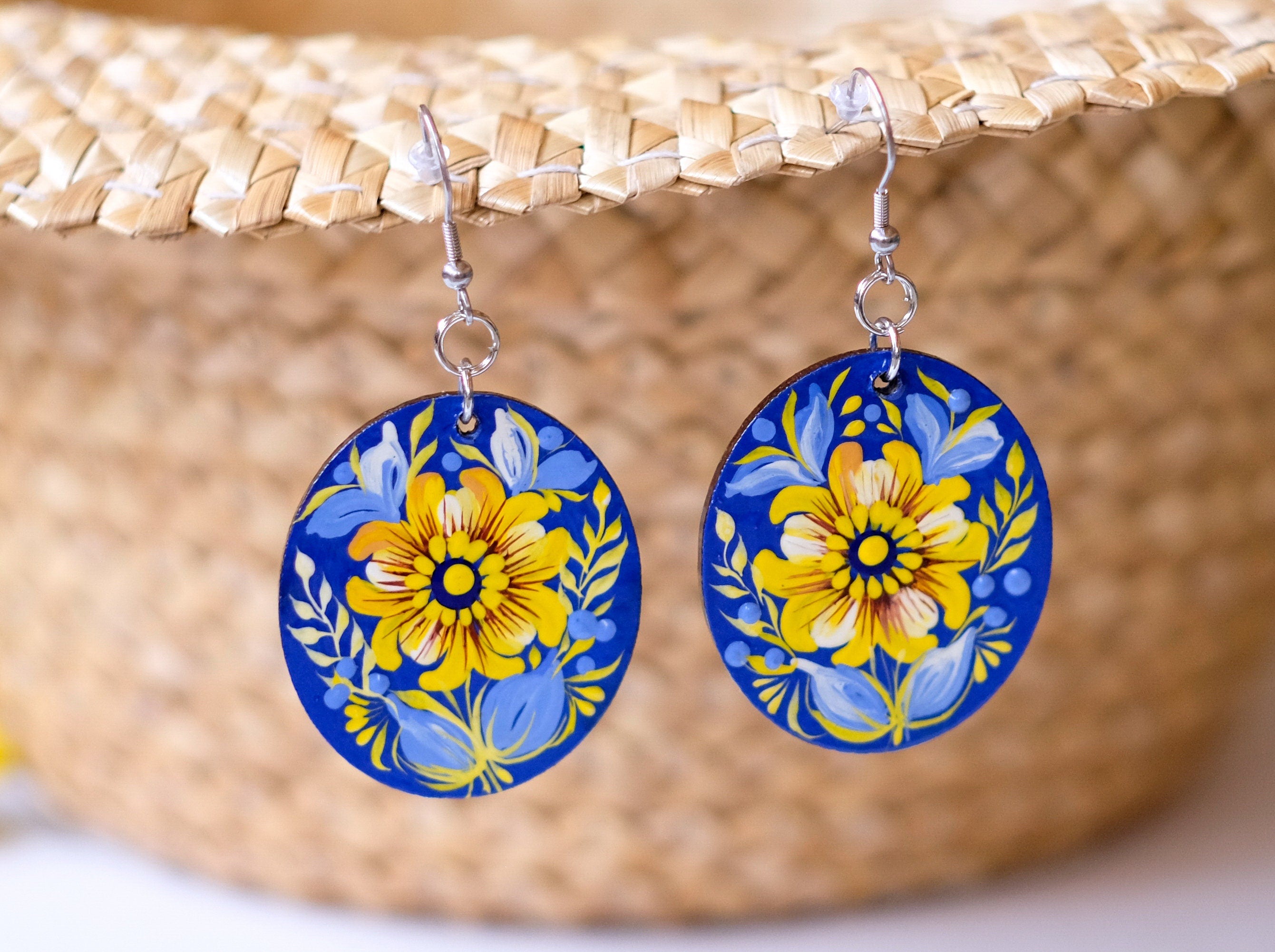 Ukrainian dangle earrings, Hypoallergenic wooden earrings, Blue and yellow earrrings, Lightweight circle earrings, Petrykivka flower earring