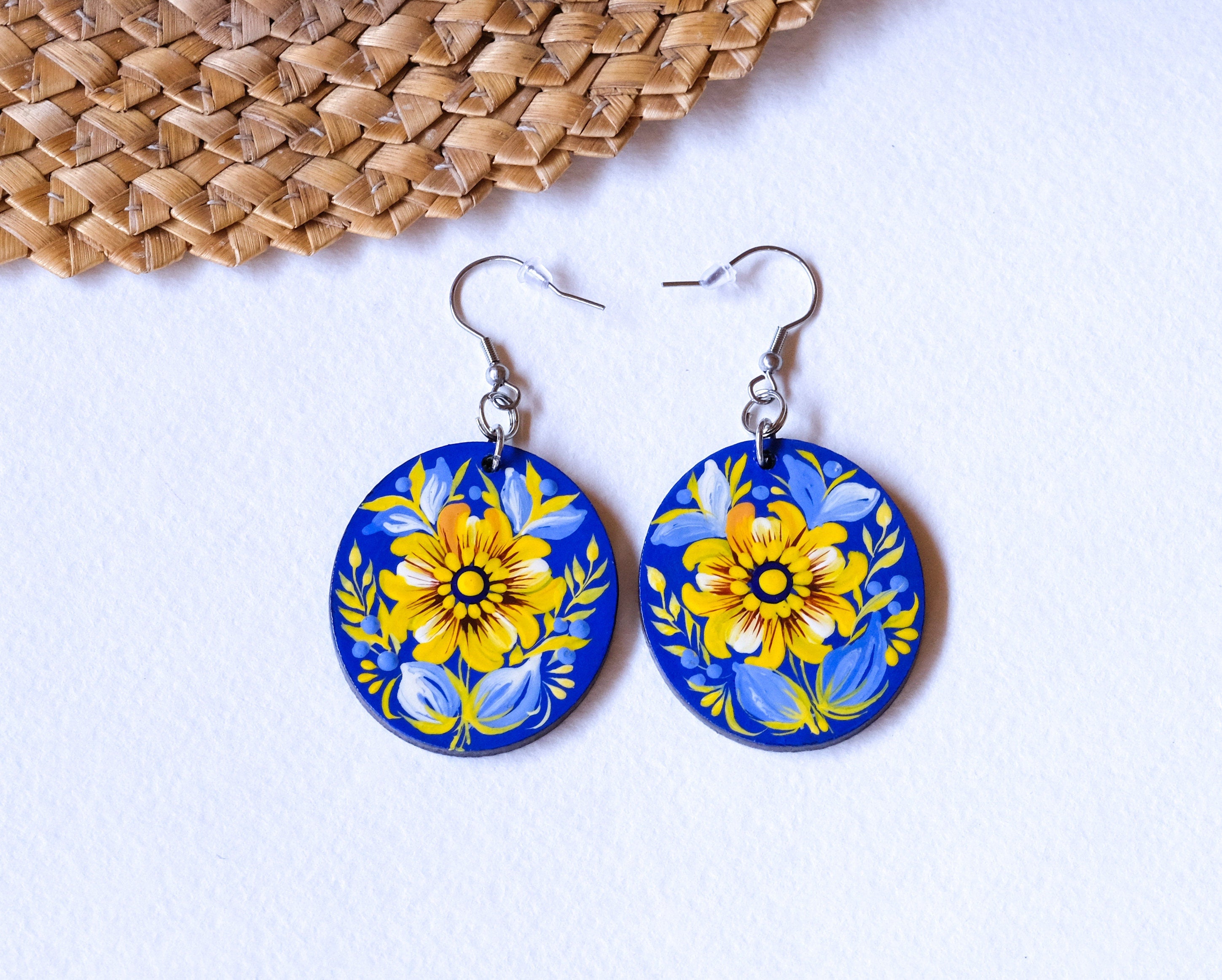 Ukrainian dangle earrings, Hypoallergenic wooden earrings, Blue and yellow earrrings, Lightweight circle earrings, Petrykivka flower earring