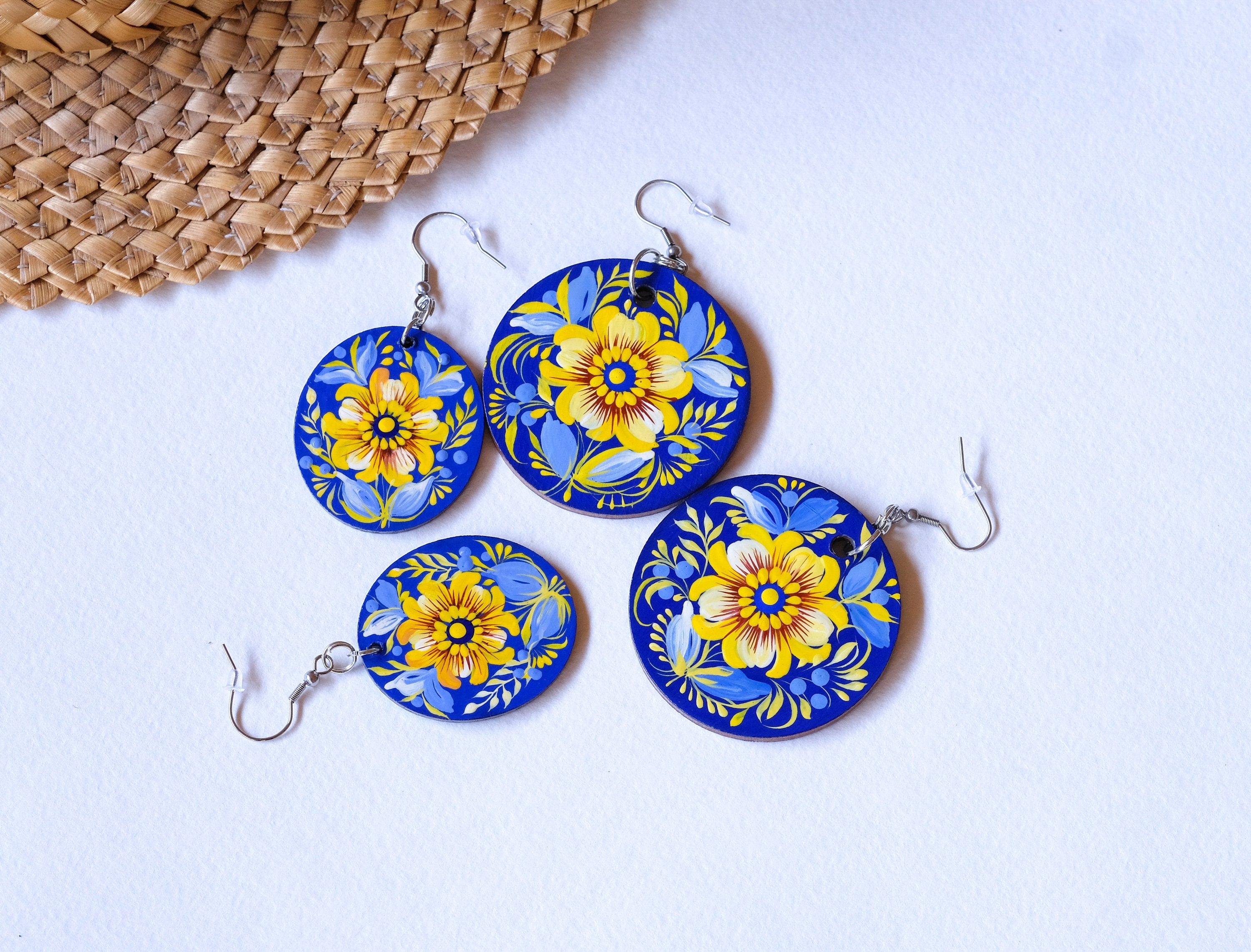 Ukrainian dangle earrings, Hypoallergenic wooden earrings, Blue and yellow earrrings, Lightweight circle earrings, Petrykivka flower earring