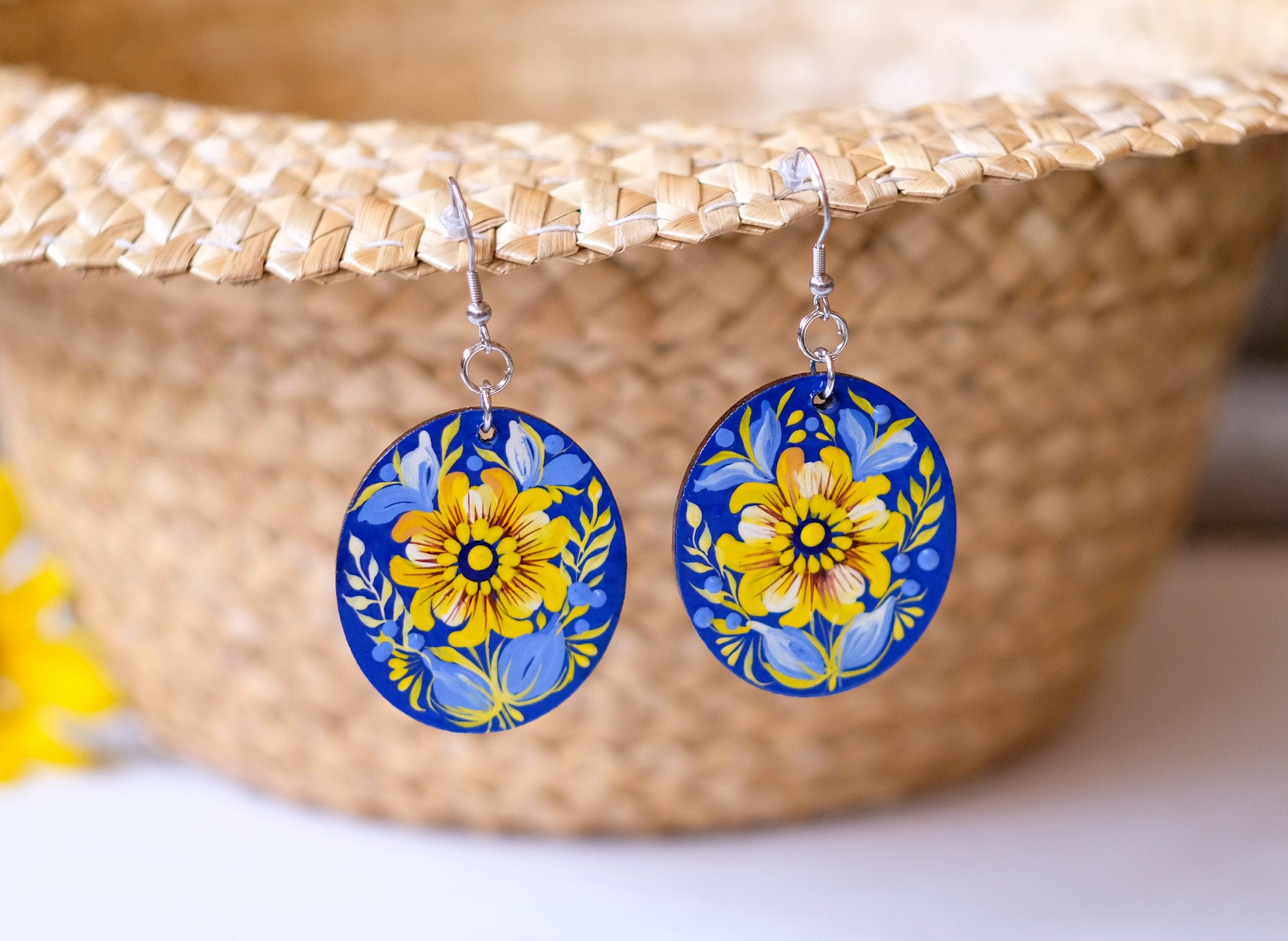 Ukrainian dangle earrings, Hypoallergenic wooden earrings, Blue and yellow earrrings, Lightweight circle earrings, Petrykivka flower earring