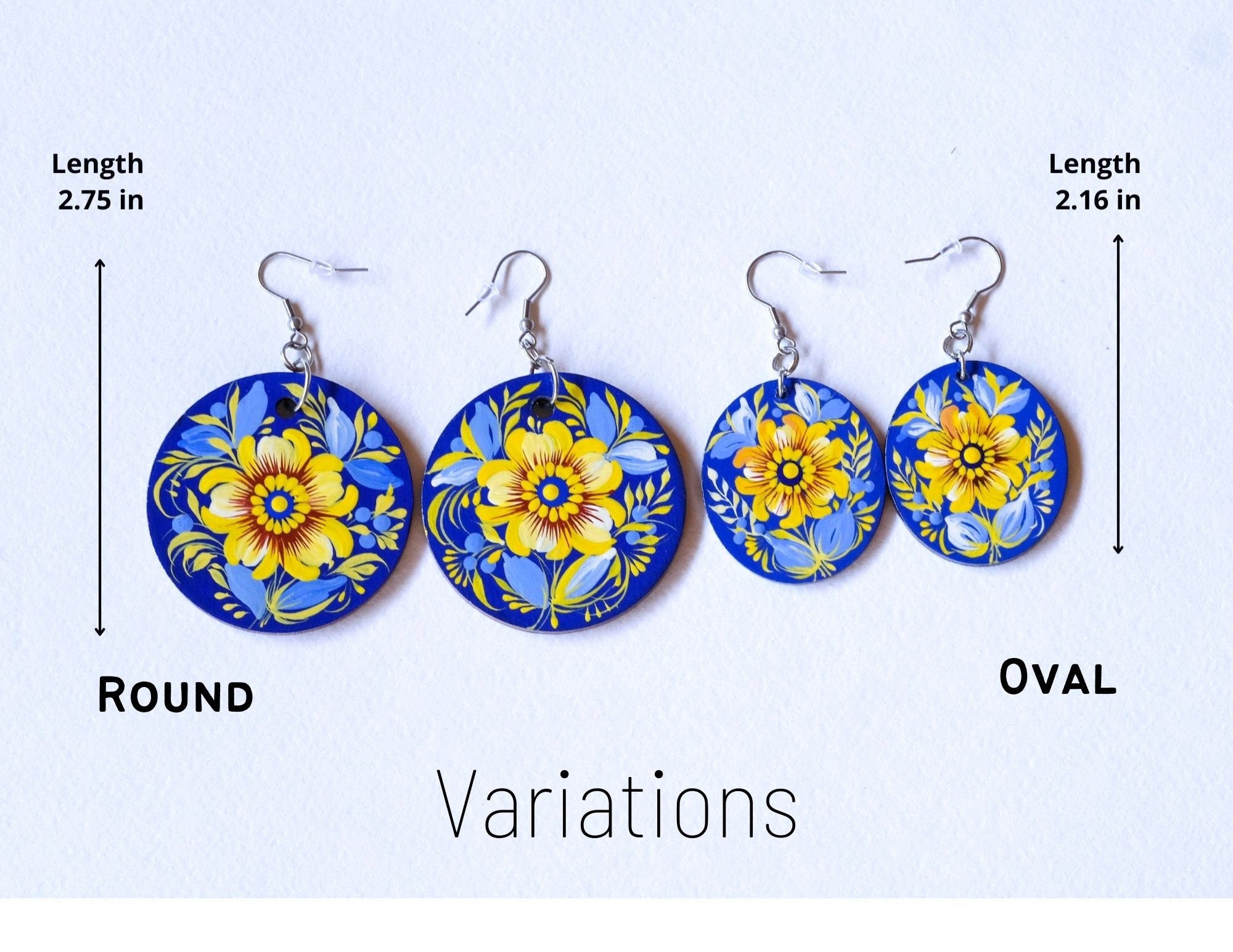 Ukrainian dangle earrings, Hypoallergenic wooden earrings, Blue and yellow earrrings, Lightweight circle earrings, Petrykivka flower earring