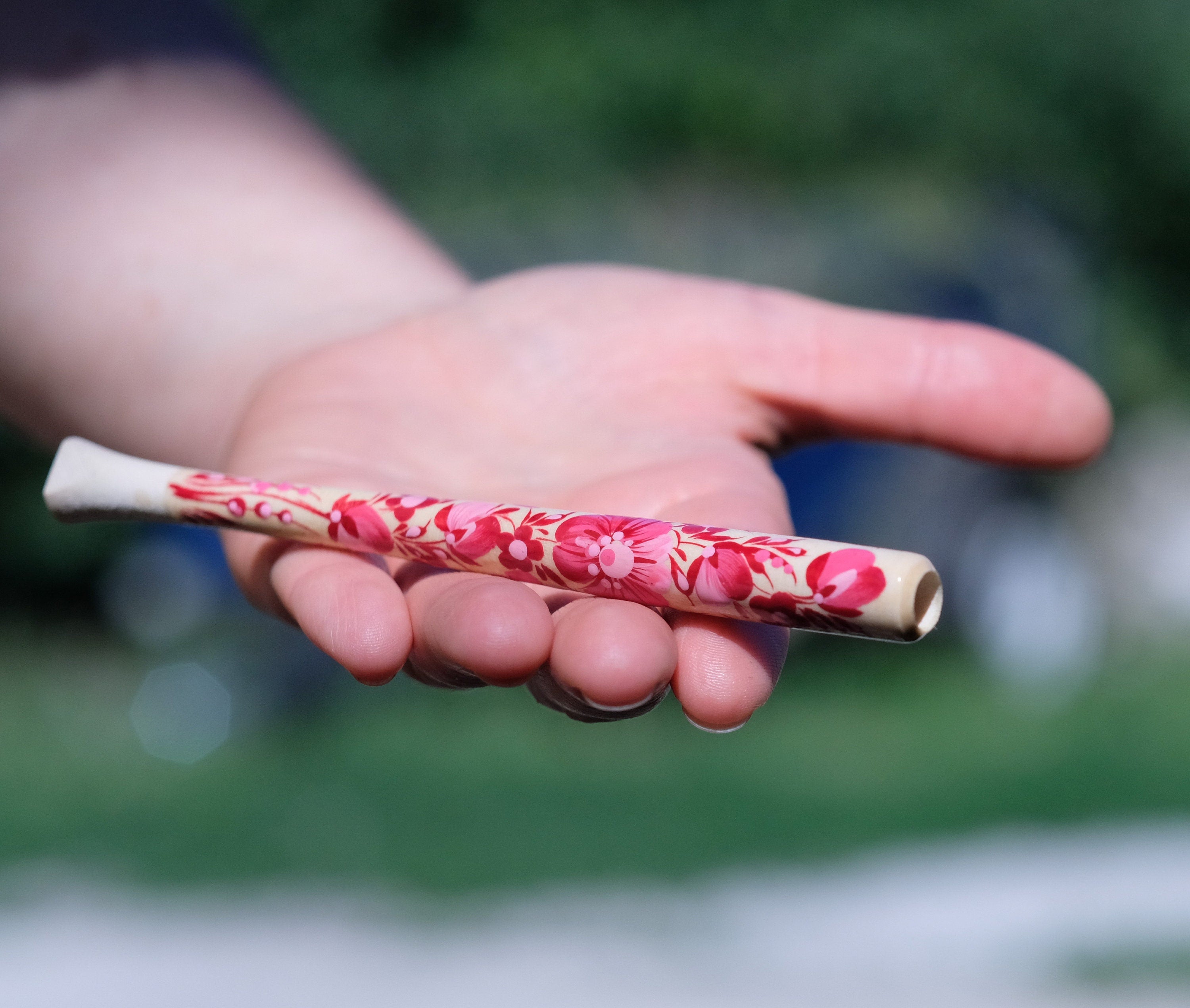 Extra long regular cigarette holder 9.1"/23 cm - Hand-painted wooden burgundy & pink flower cigarette holder with Ukrainian Petrykivka art