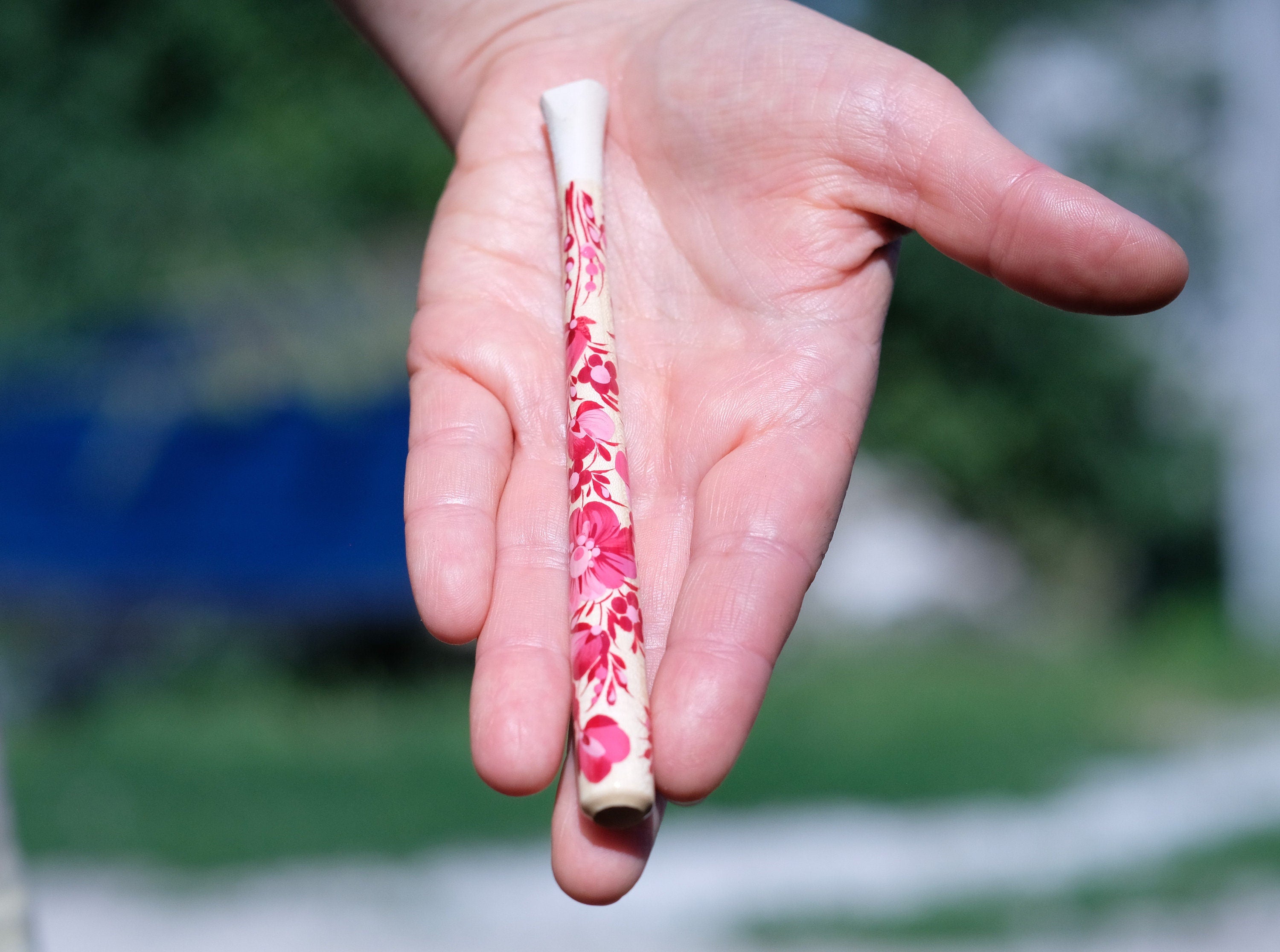 Extra long regular cigarette holder 9.1"/23 cm - Hand-painted wooden burgundy & pink flower cigarette holder with Ukrainian Petrykivka art