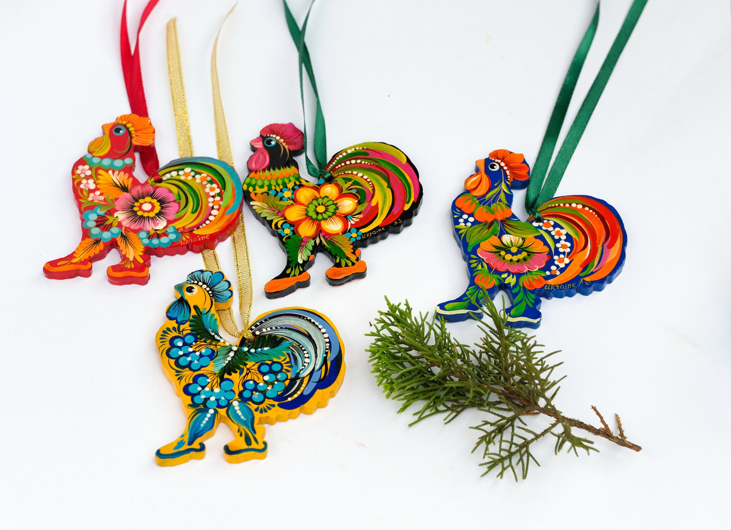 Ukrainian Rooster Christmas Ornament - Painted Wooden Petrykivka Art Ornament