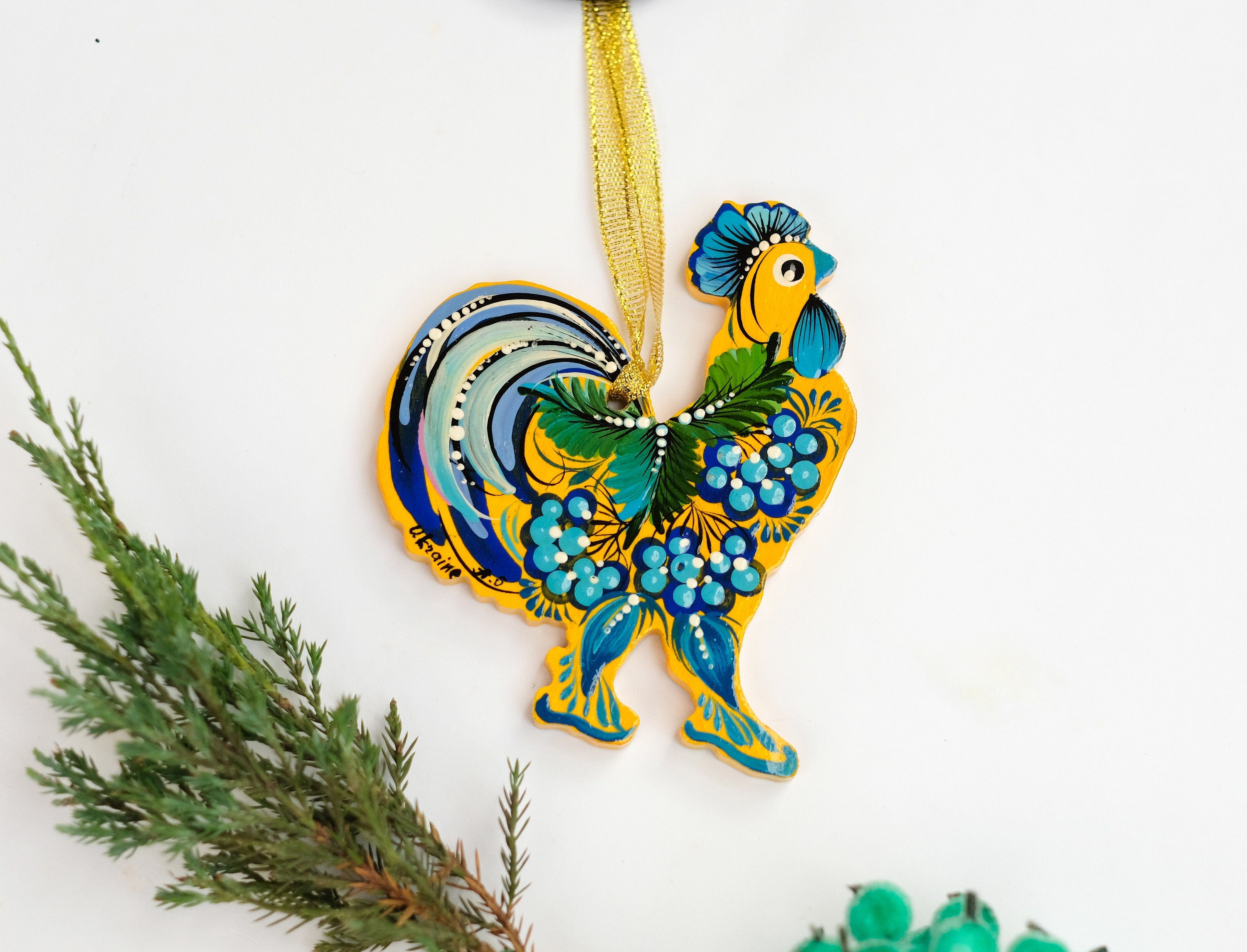 Rooster Christmas ornament, Ukrainian Christmas decoration, Petrykivka flower ornament, Wooden Christmas ornament, Farmhouse animal ornament