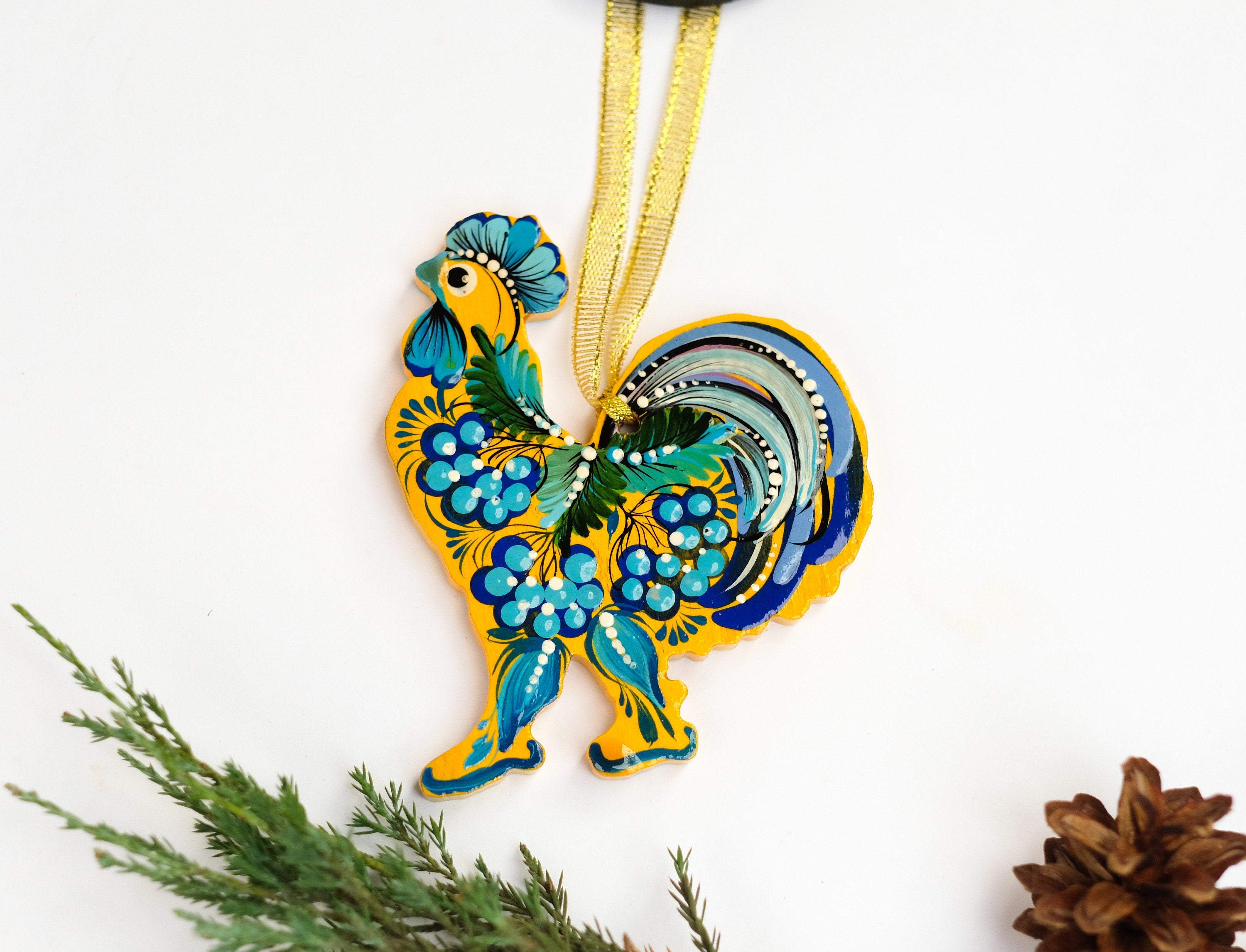 Rooster Christmas ornament, Ukrainian Christmas decoration, Petrykivka flower ornament, Wooden Christmas ornament, Farmhouse animal ornament