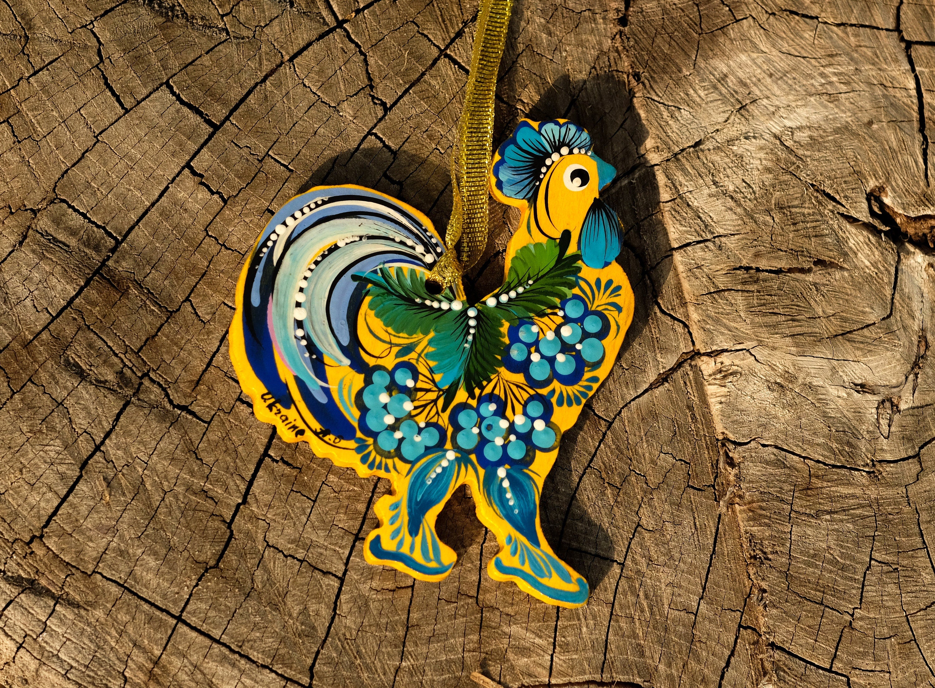 Ukrainian Rooster Christmas Ornament - Painted Wooden Petrykivka Art Ornament