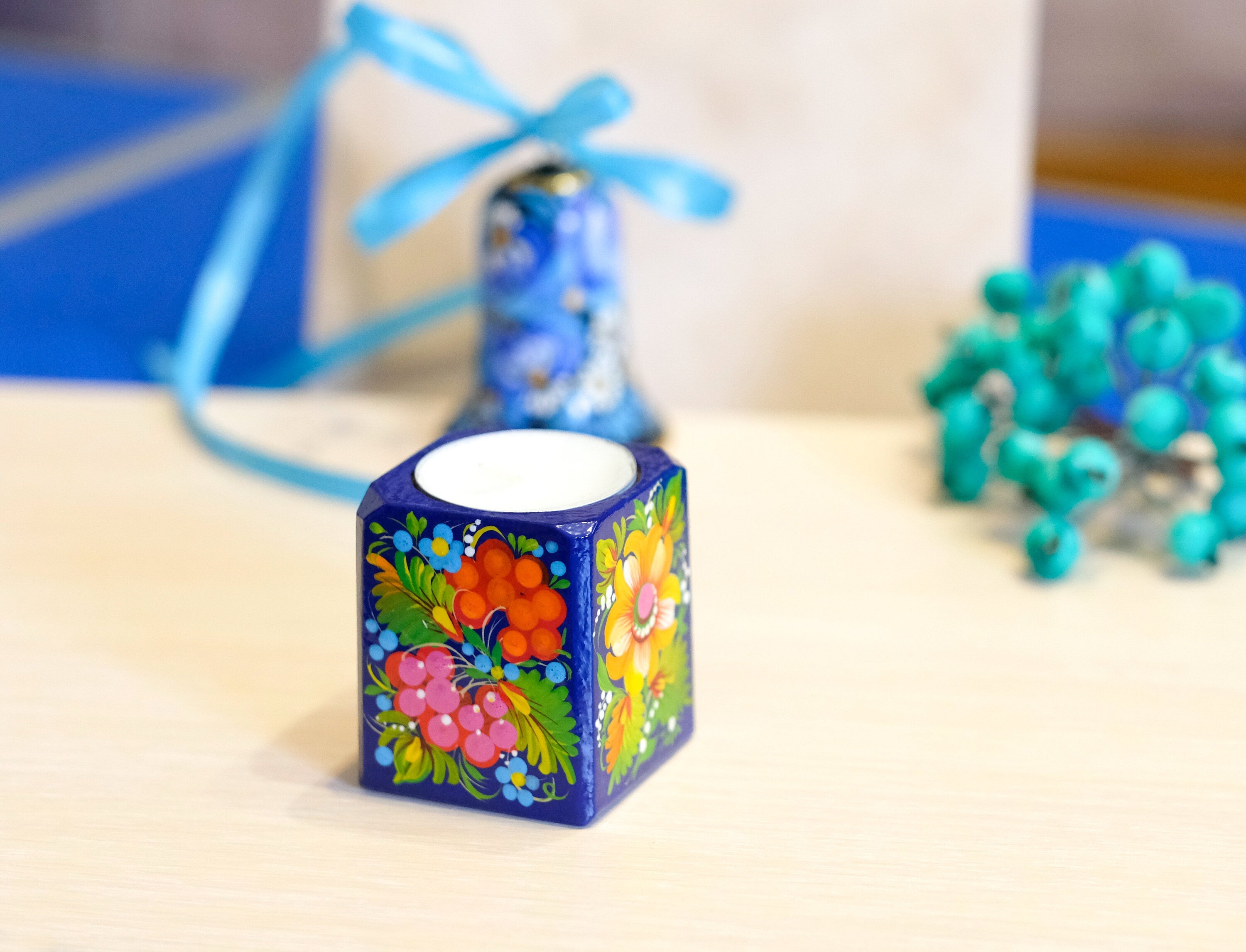 Wooden candle holder, Painted sunflower candle holder, Ukrainian tea light holder, Square tea light holder, Yellow flower candle holder,