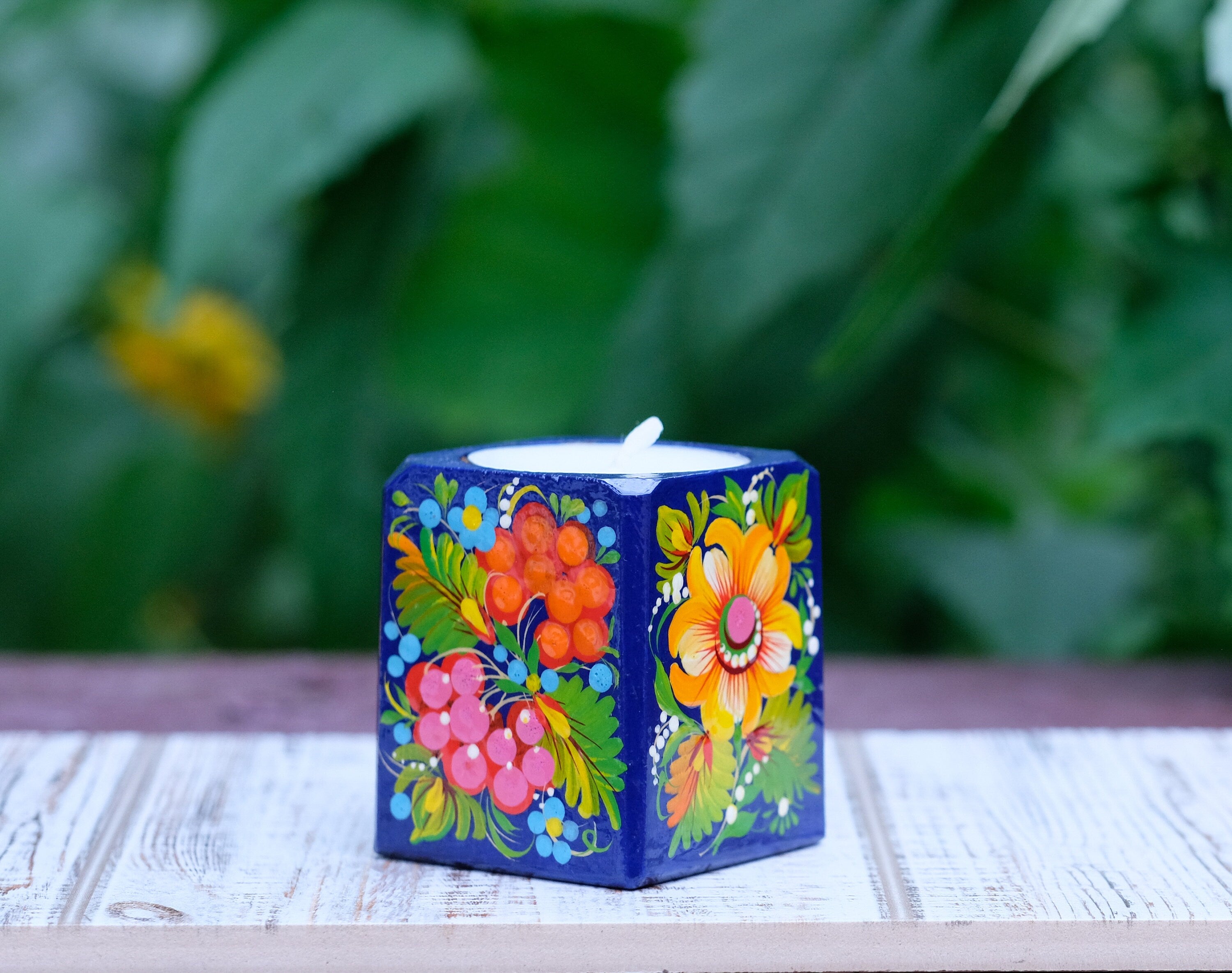 Wooden candle holder, Painted sunflower candle holder, Ukrainian tea light holder, Square tea light holder, Yellow flower candle holder,