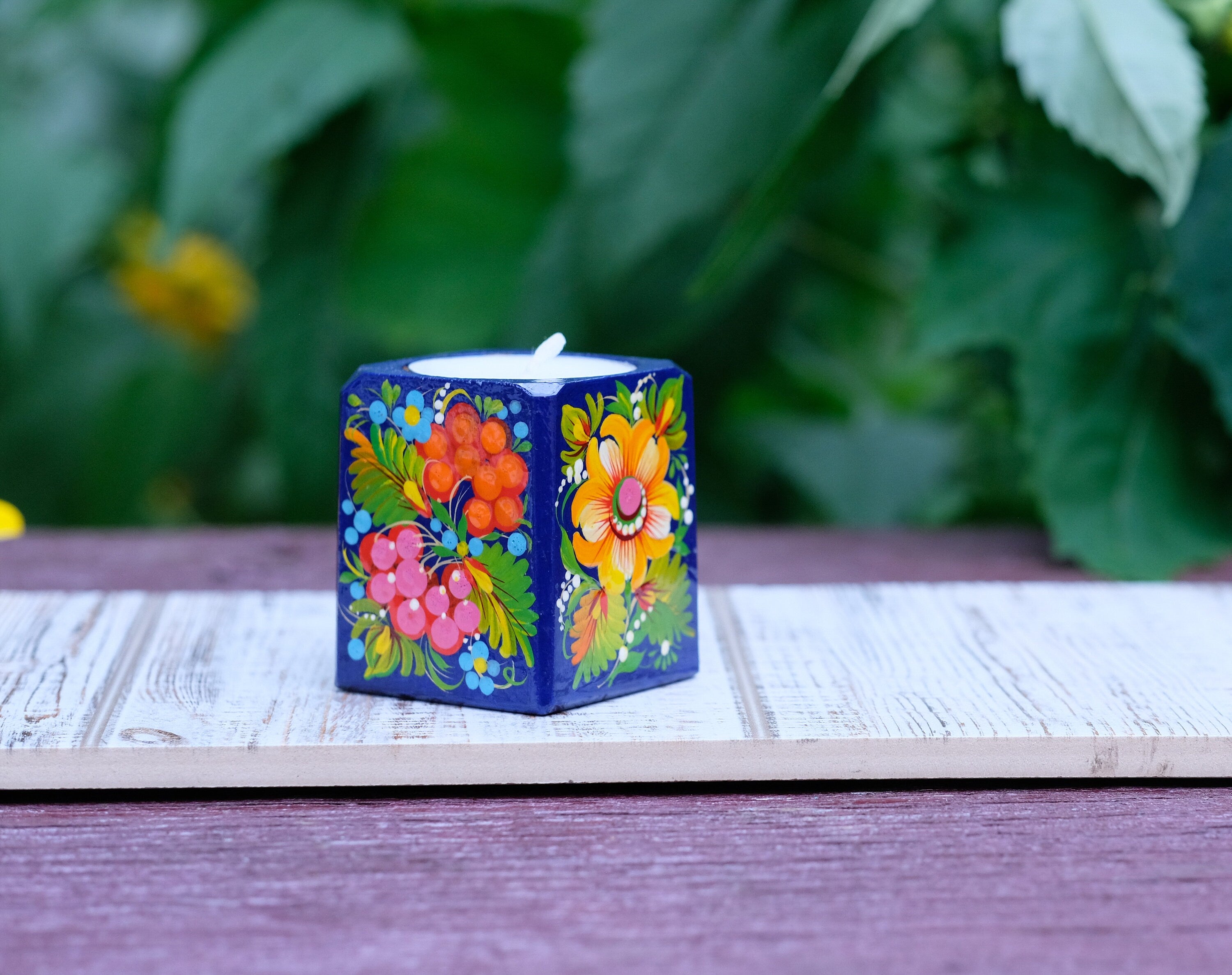 Wooden candle holder, Painted sunflower candle holder, Ukrainian tea light holder, Square tea light holder, Yellow flower candle holder,