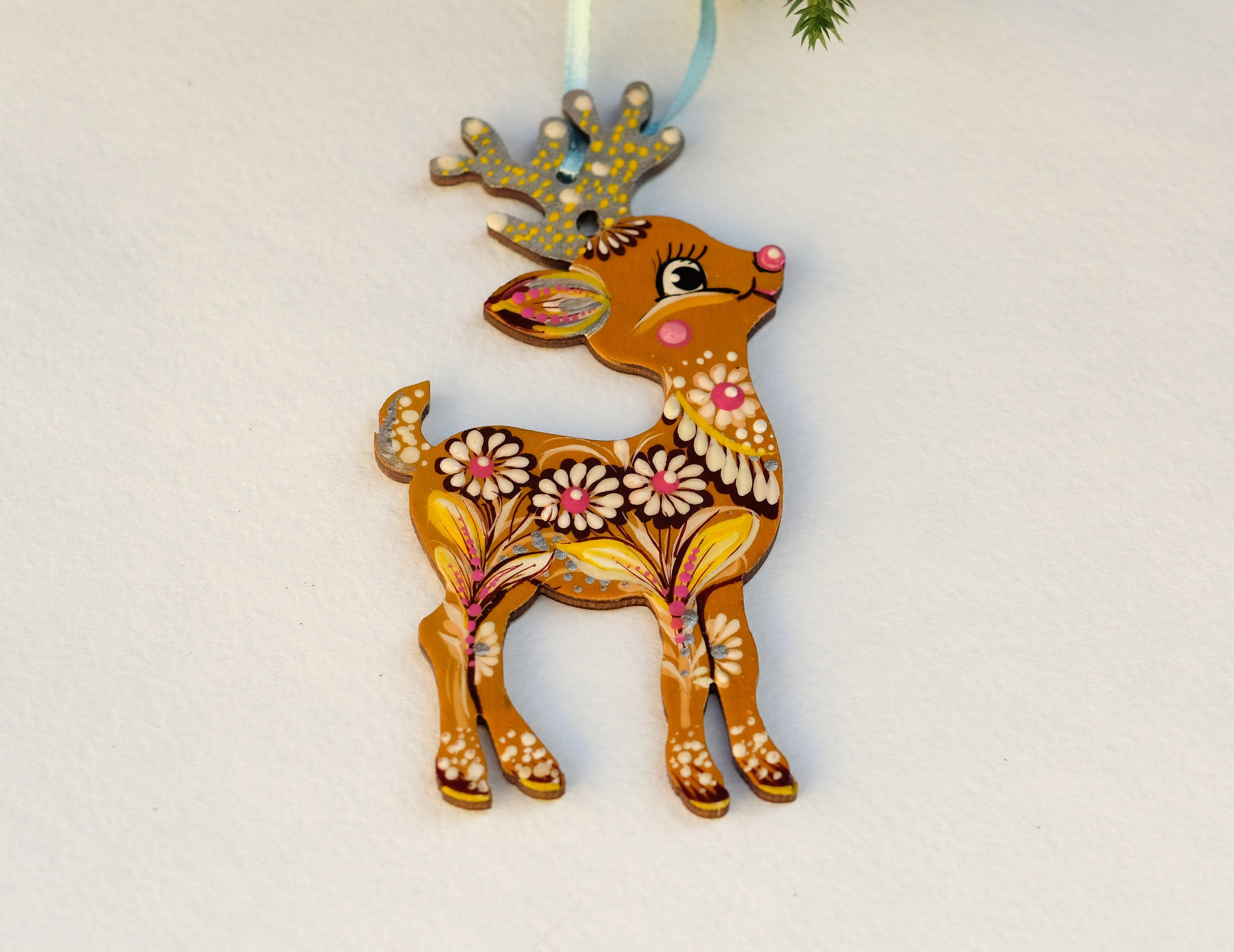 Deer Christmas ornament, Ukrainian Christmas decoration, Wooden Christmas reindeer, Painted Deer silhouette ornament, Unique animal ornament