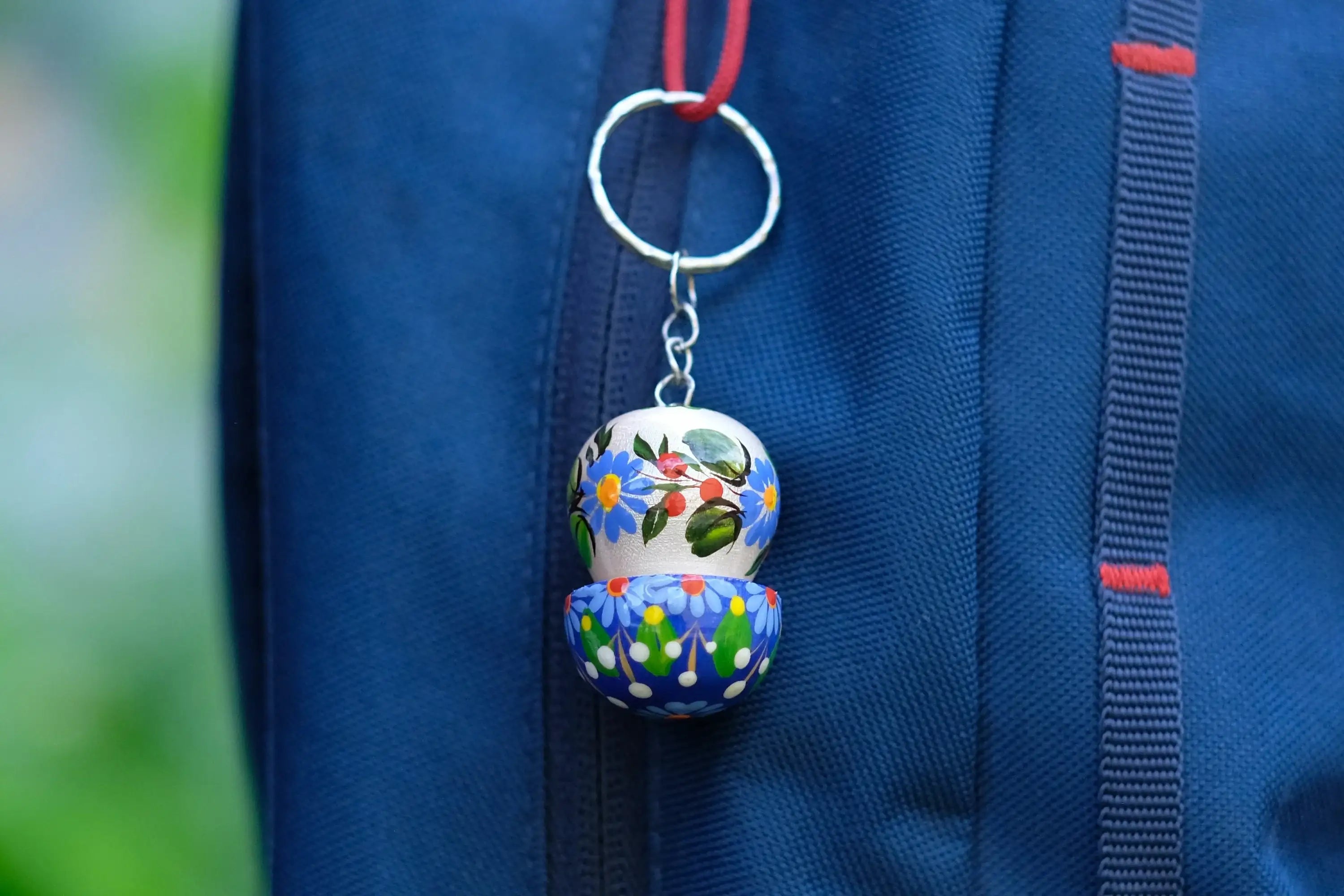 Painted Wooden Mushroom Key Chain - Tassel Bag Charm, Atrisanal Blue and Red Flower Key Ring