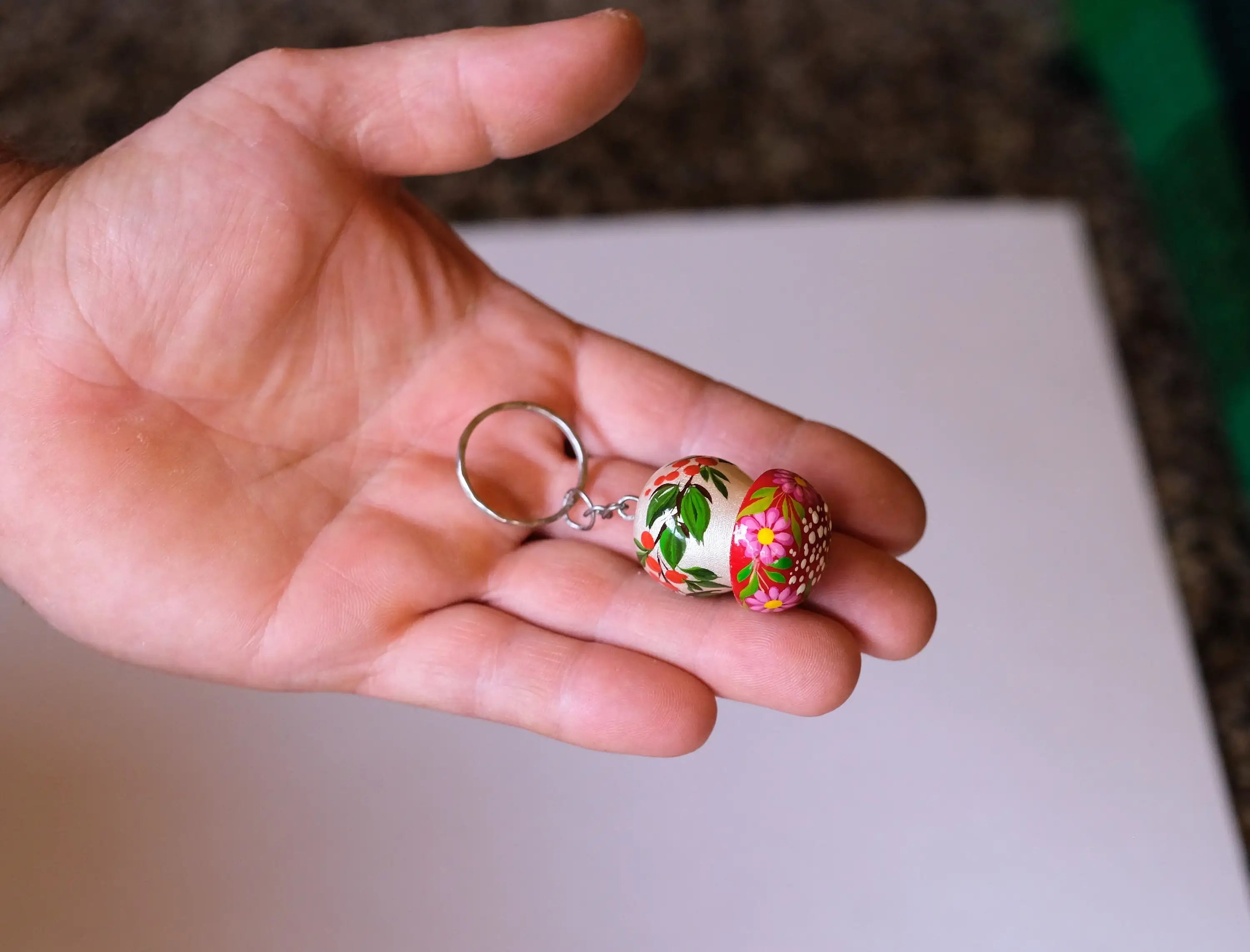 Painted Wooden Mushroom Key Chain - Tassel Bag Charm, Atrisanal Blue and Red Flower Key Ring
