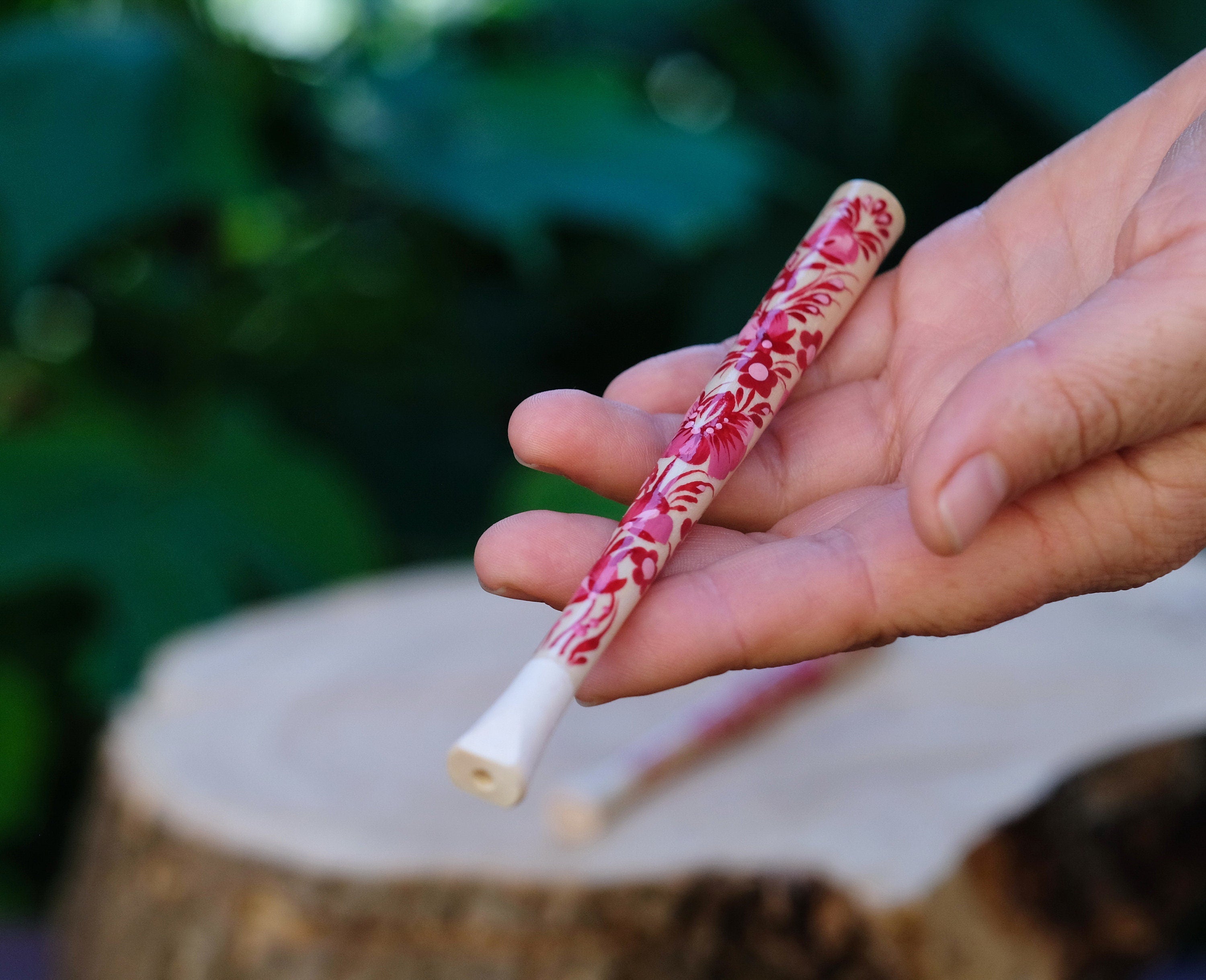 Extra long regular cigarette holder 9.1"/23 cm - Hand-painted wooden burgundy & pink flower cigarette holder with Ukrainian Petrykivka art