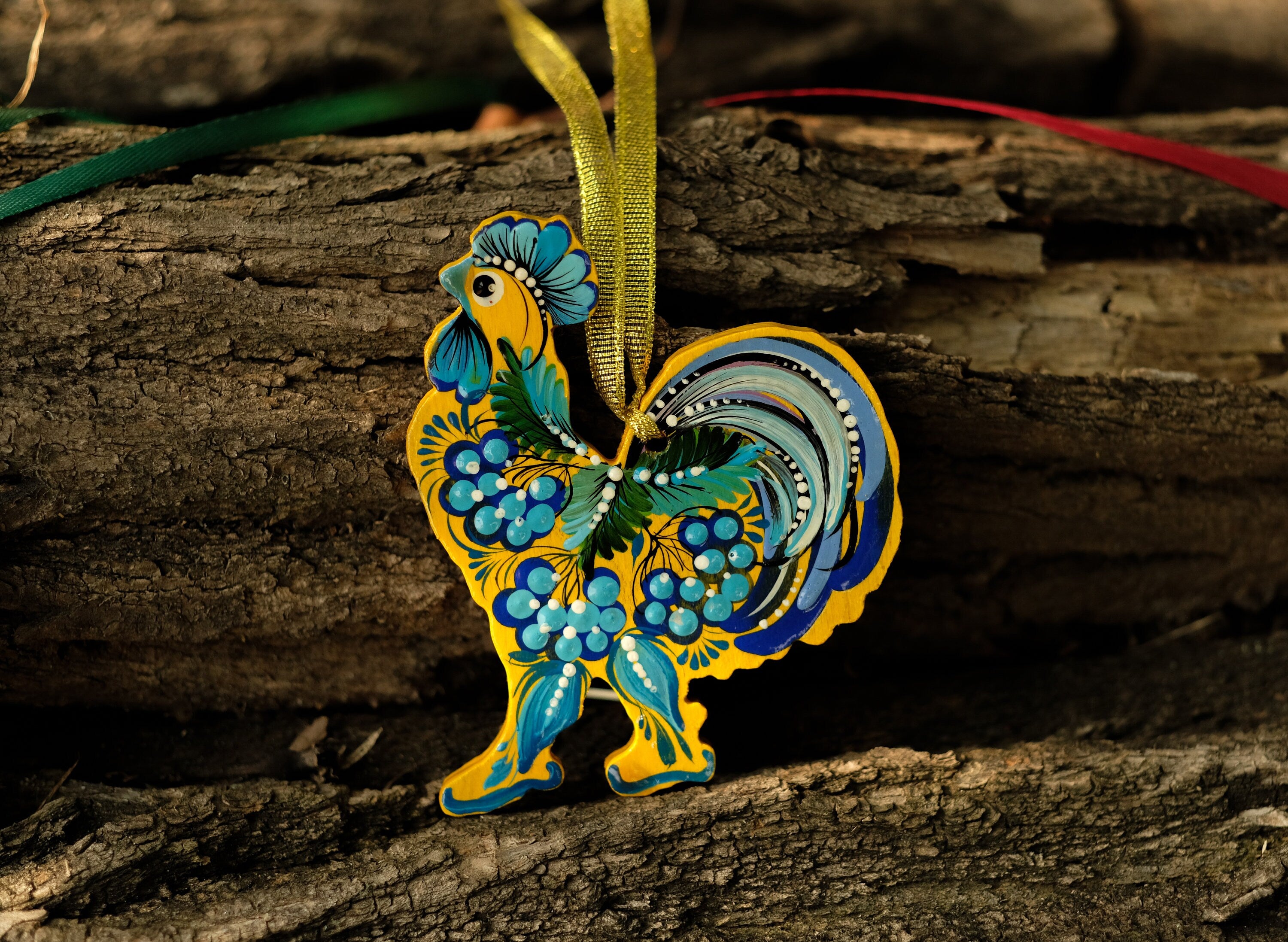 Ukrainian Rooster Christmas Ornament - Painted Wooden Petrykivka Art Ornament