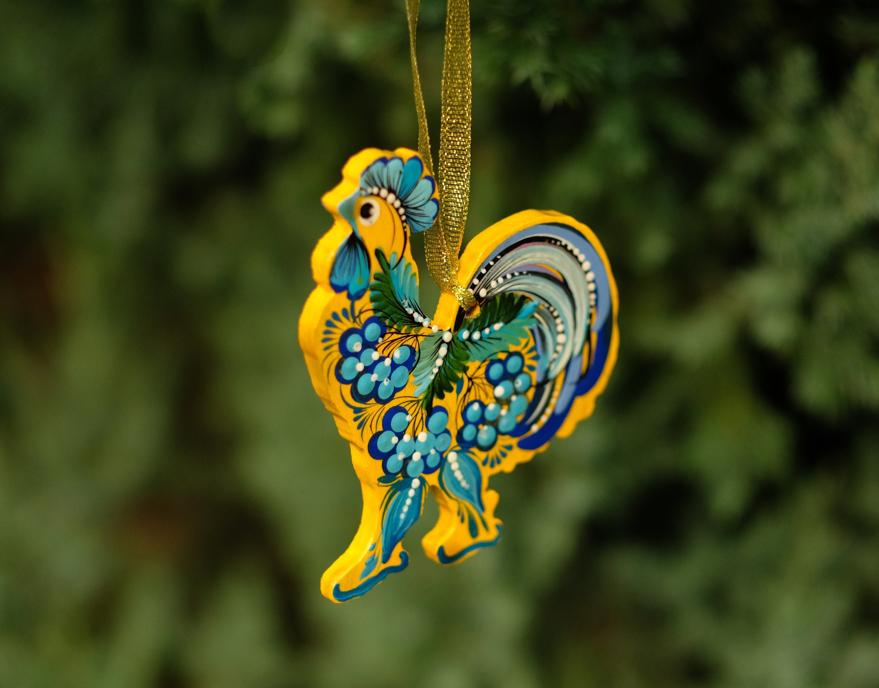 Ukrainian Rooster Christmas Ornament - Painted Wooden Petrykivka Art Ornament