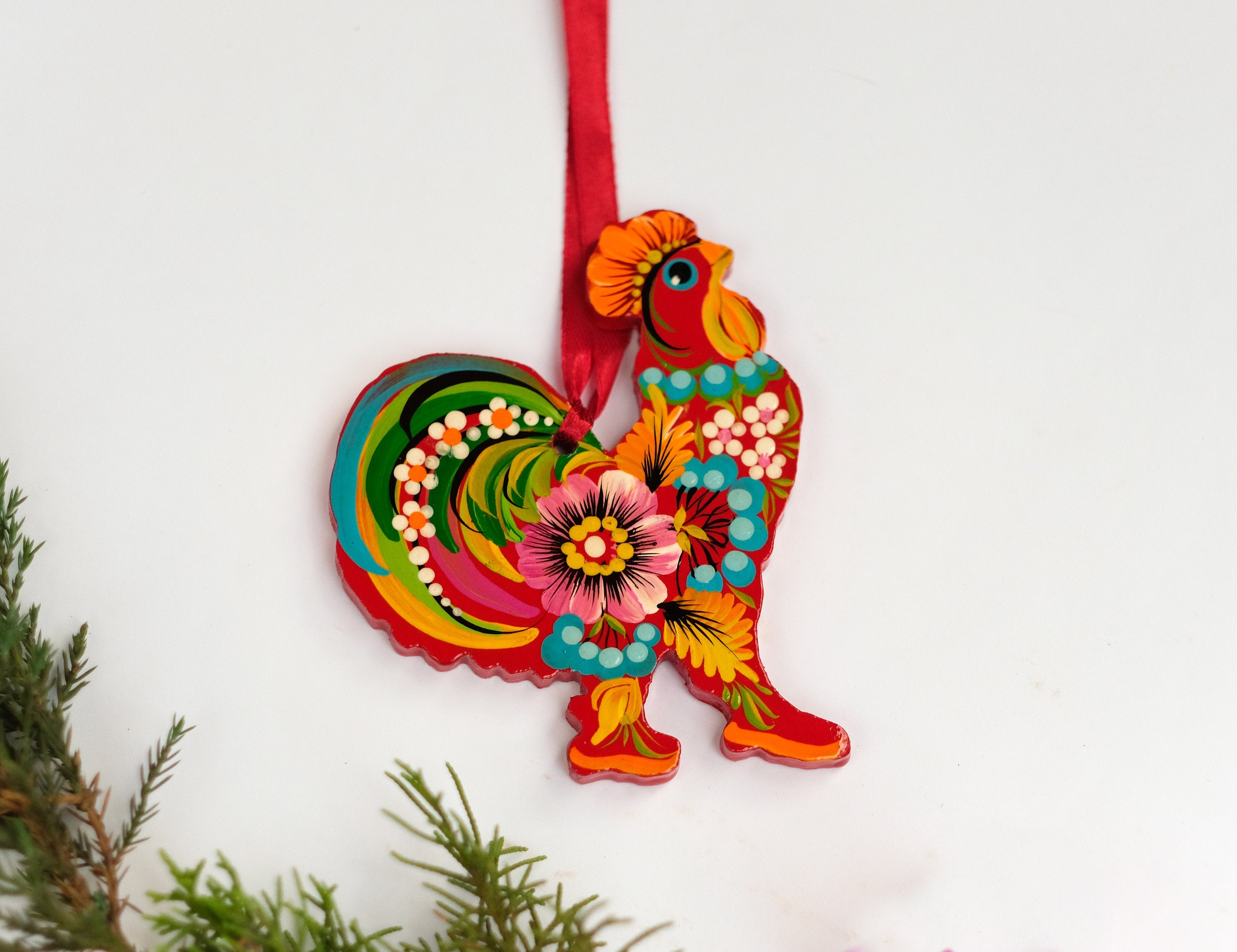 Rooster Christmas ornament, Ukrainian Christmas decoration, Wooden Christmas ornament, Petrykivka flower ornament, Farmhouse animal ornament