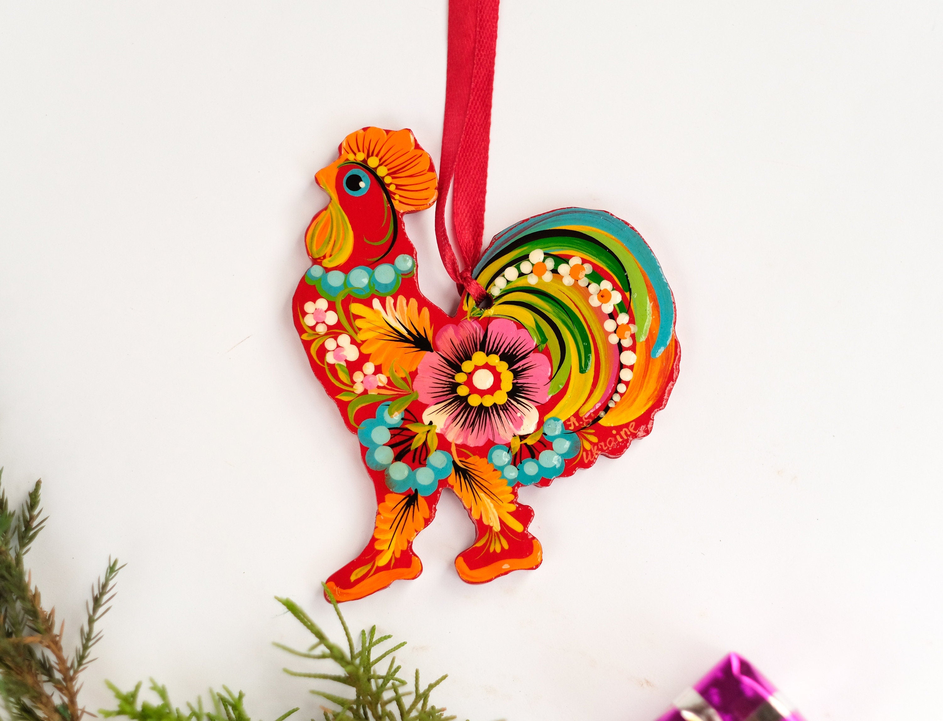 Rooster Christmas ornament, Ukrainian Christmas decoration, Wooden Christmas ornament, Petrykivka flower ornament, Farmhouse animal ornament