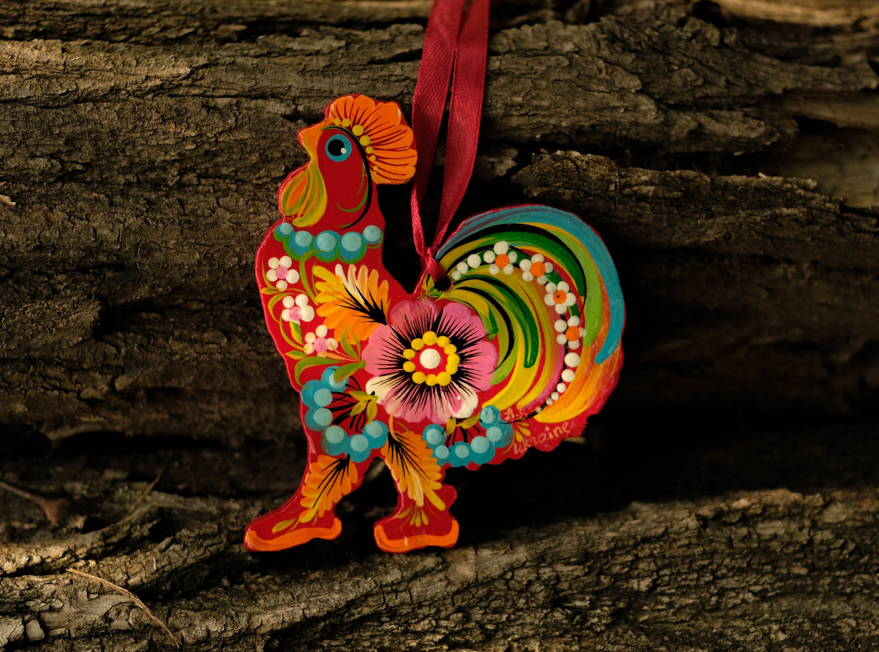 Ukrainian Rooster Christmas Ornament - Painted Wooden Petrykivka Art Ornament