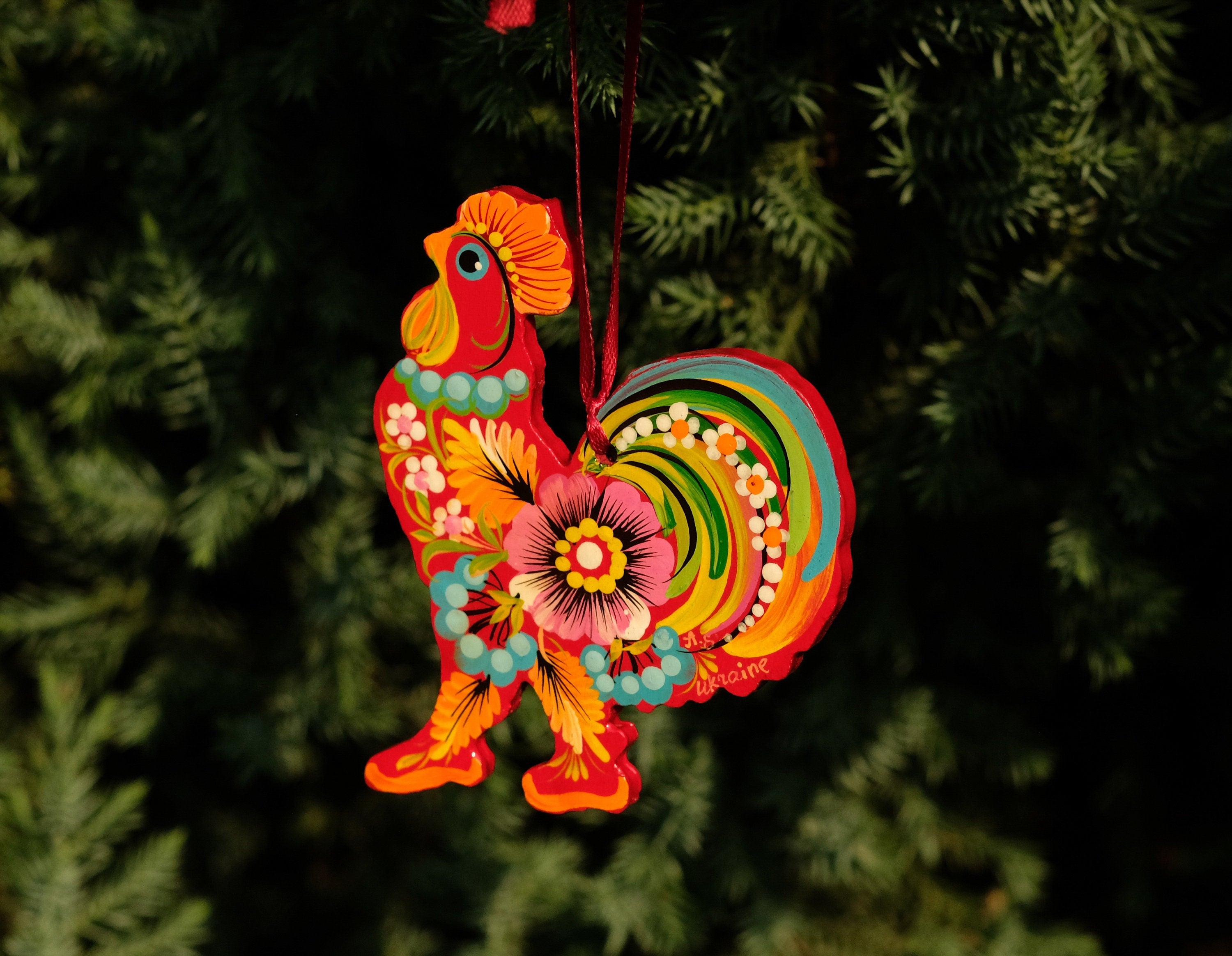 Rooster Christmas ornament, Ukrainian Christmas decoration, Wooden Christmas ornament, Petrykivka flower ornament, Farmhouse animal ornament