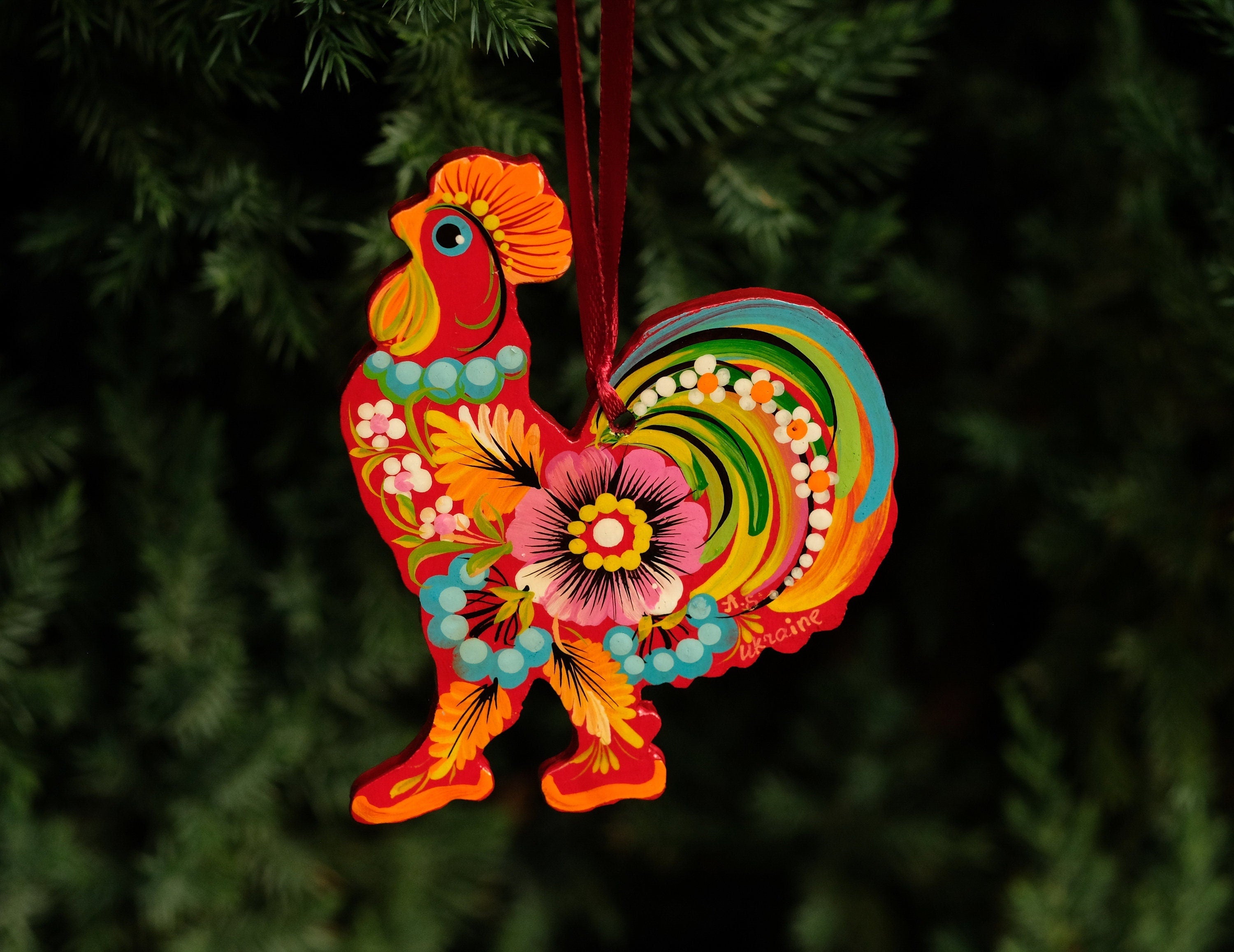 Rooster Christmas ornament, Ukrainian Christmas decoration, Wooden Christmas ornament, Petrykivka flower ornament, Farmhouse animal ornament