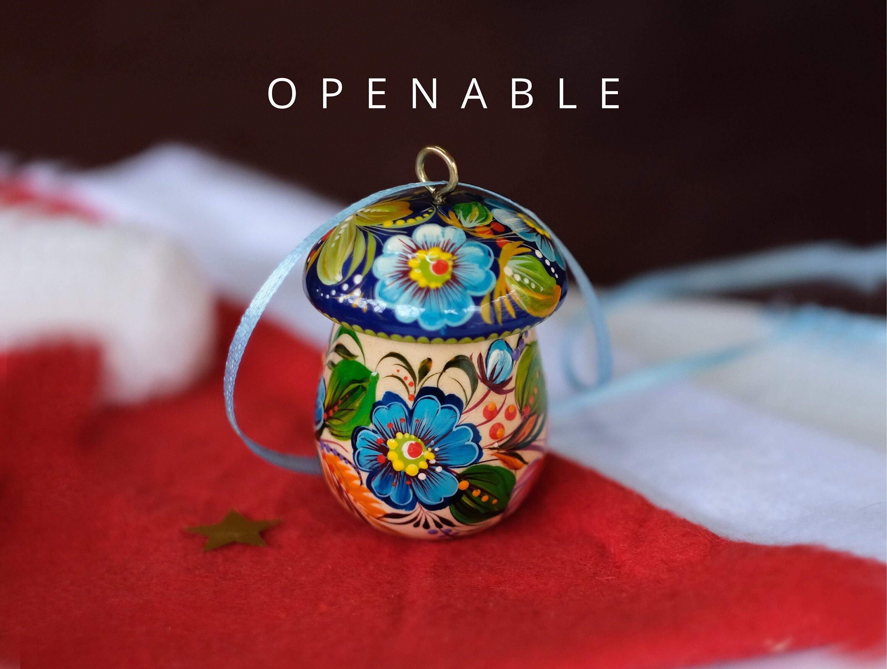 Openable Mushroom Christmas ornament Wooden & Hand-painted