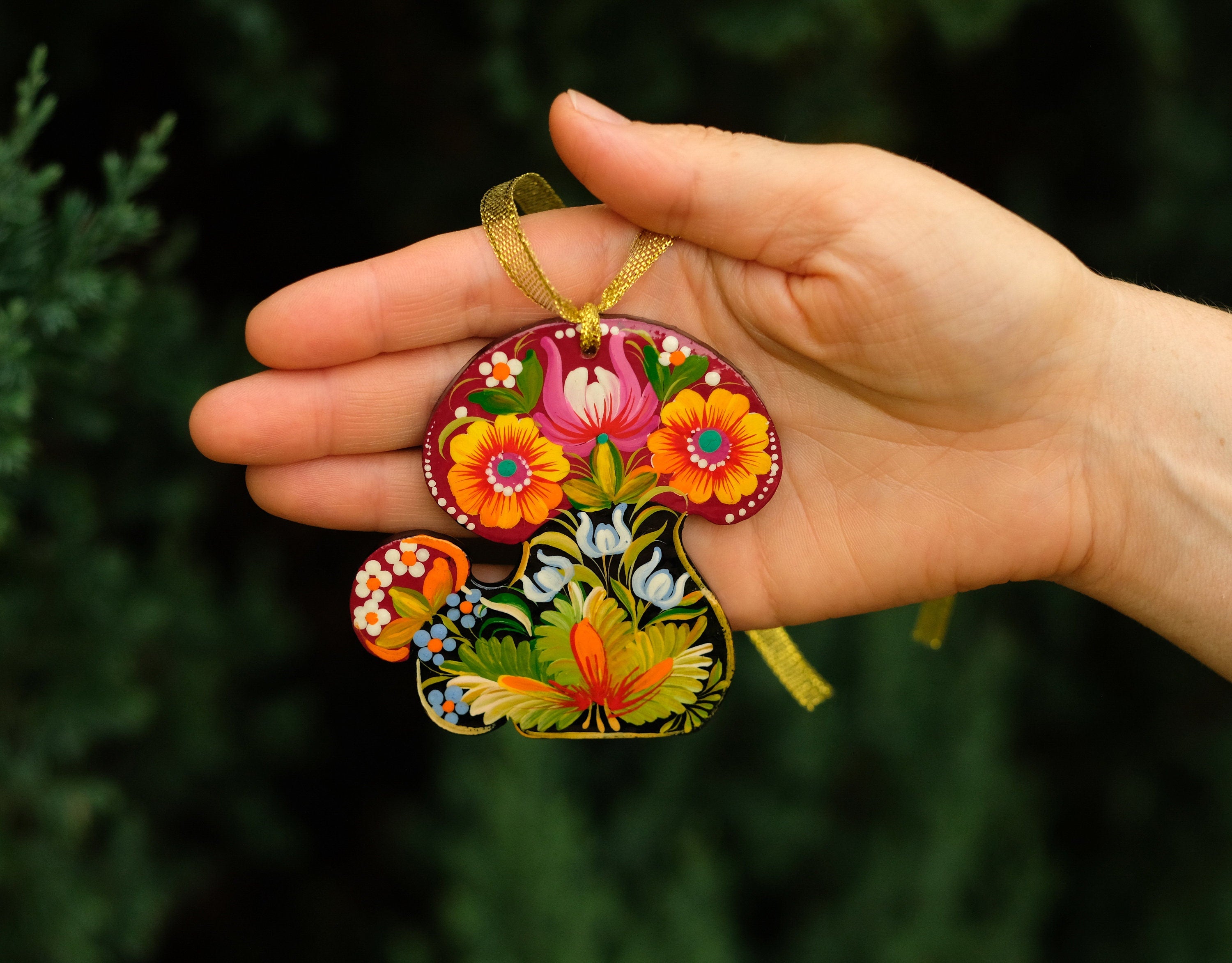 Mushroom Christmas ornament, Ukrainian Christmas decoration, Wooden Christmas ornament, Petrykivka painted ornament, Fairy mushroom decor