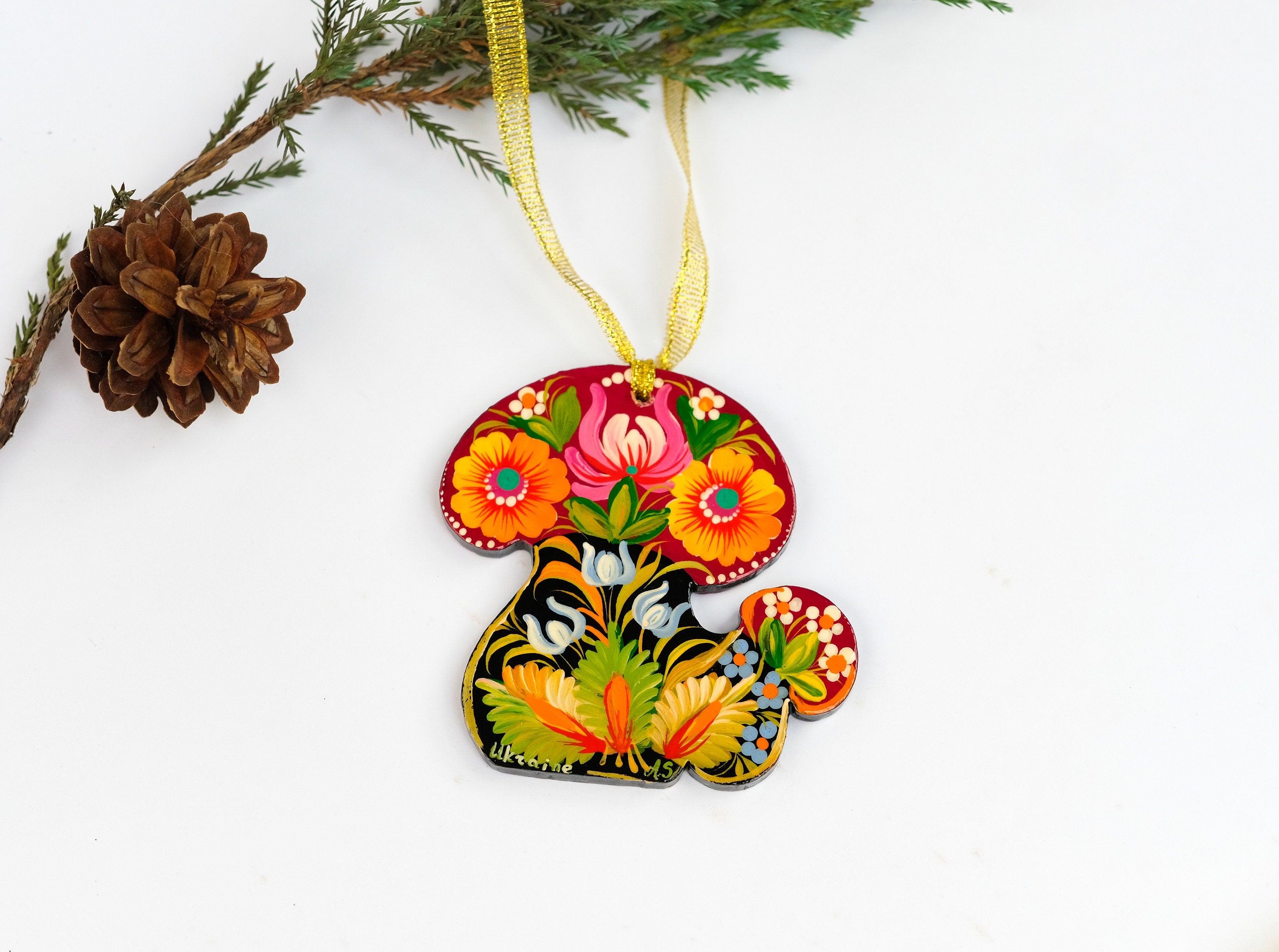 Mushroom Christmas ornament, Ukrainian Christmas decoration, Wooden Christmas ornament, Petrykivka painted ornament, Fairy mushroom decor