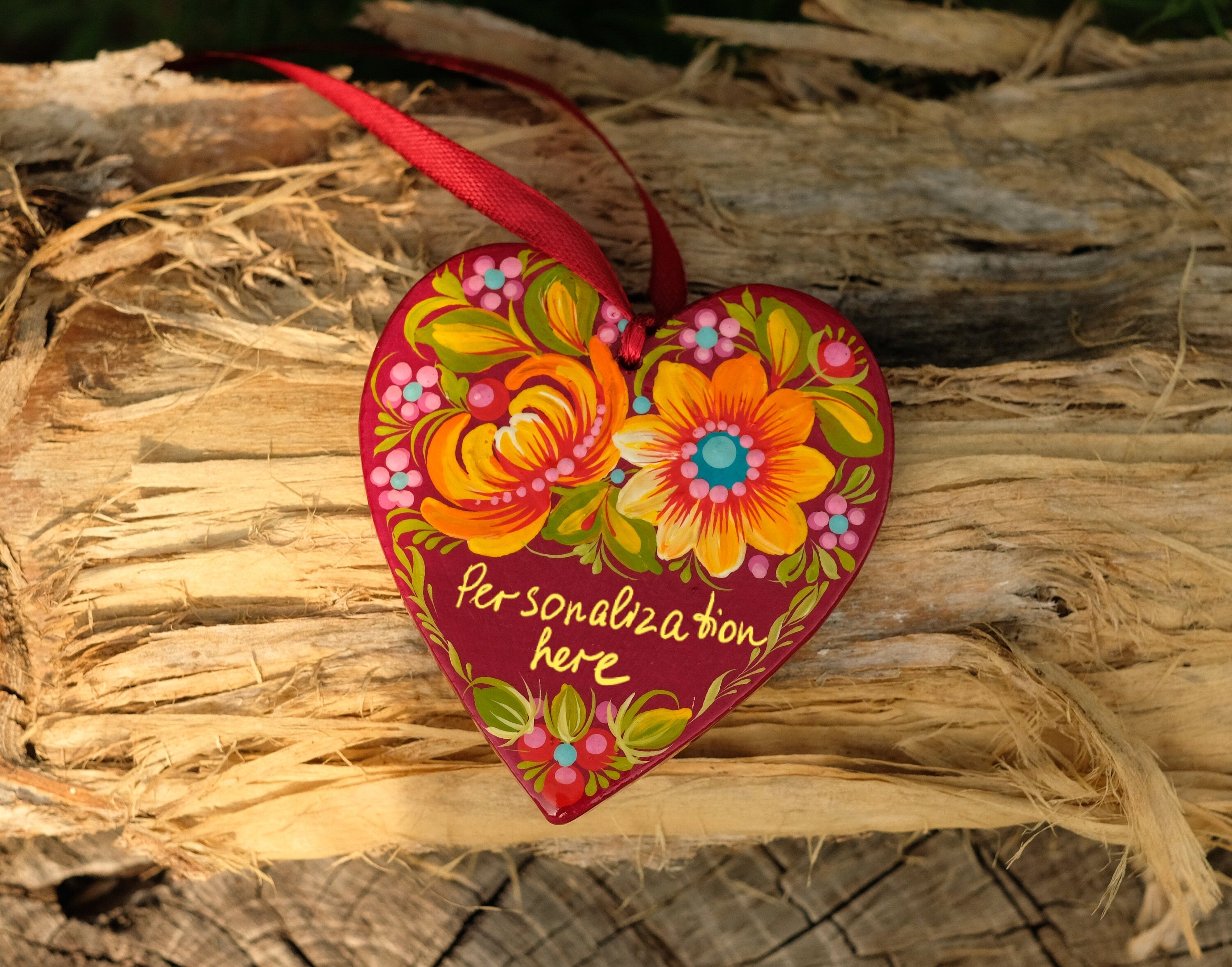 Personalized Painted Wooden Red Heart Ornament