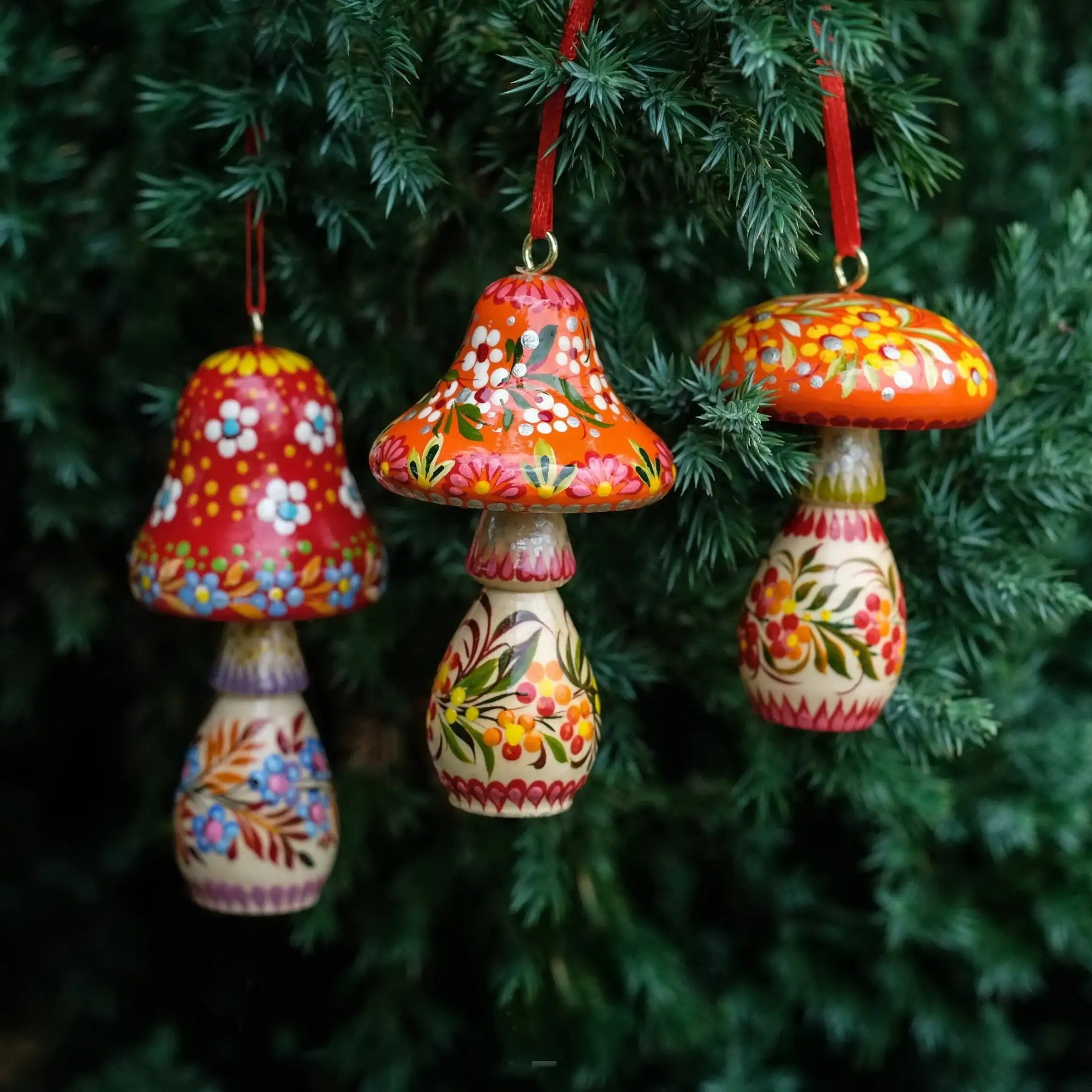 Set of 5 Painted Wooden Mushroom Christmas Ornaments