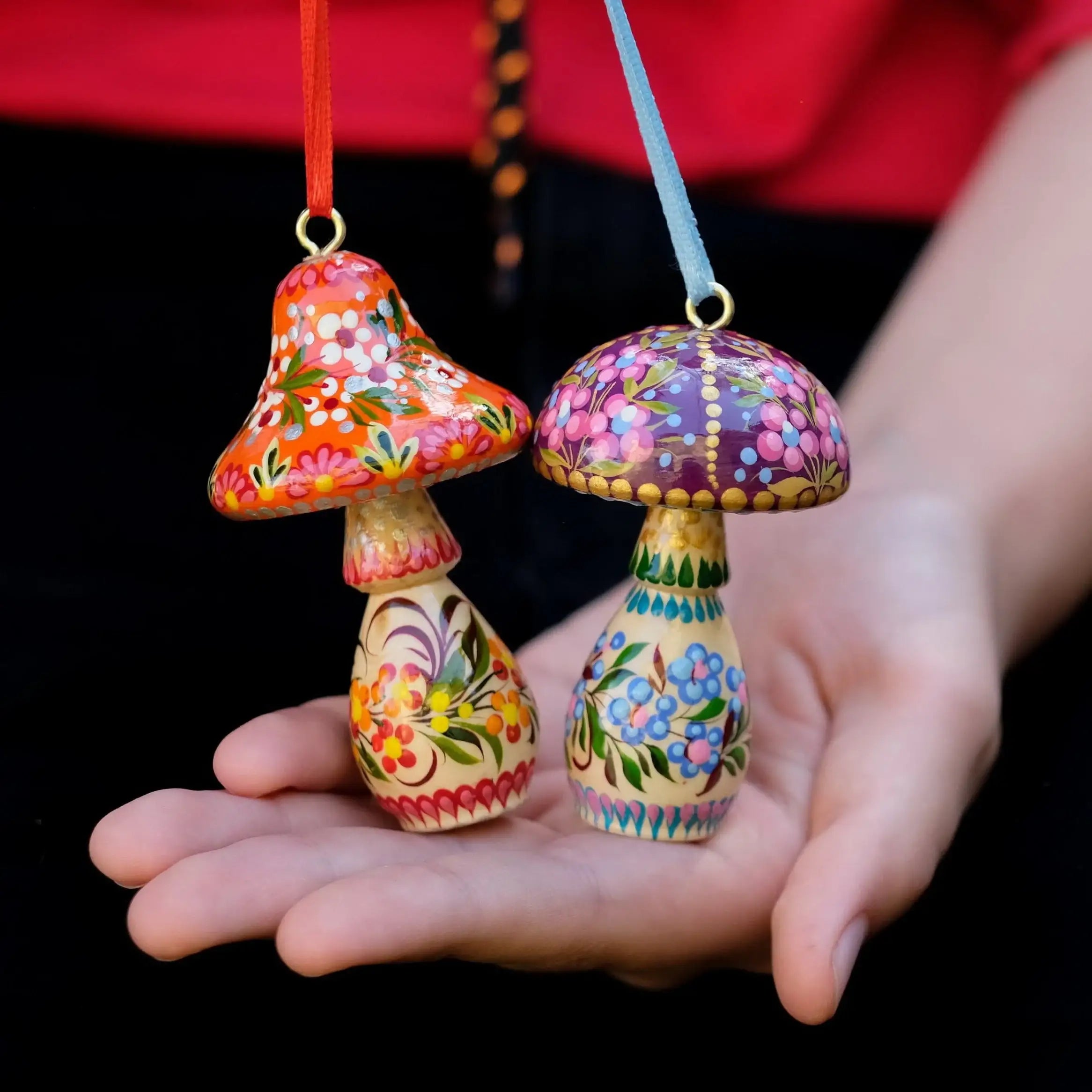 Set of 5 Painted Wooden Mushroom Christmas Ornaments