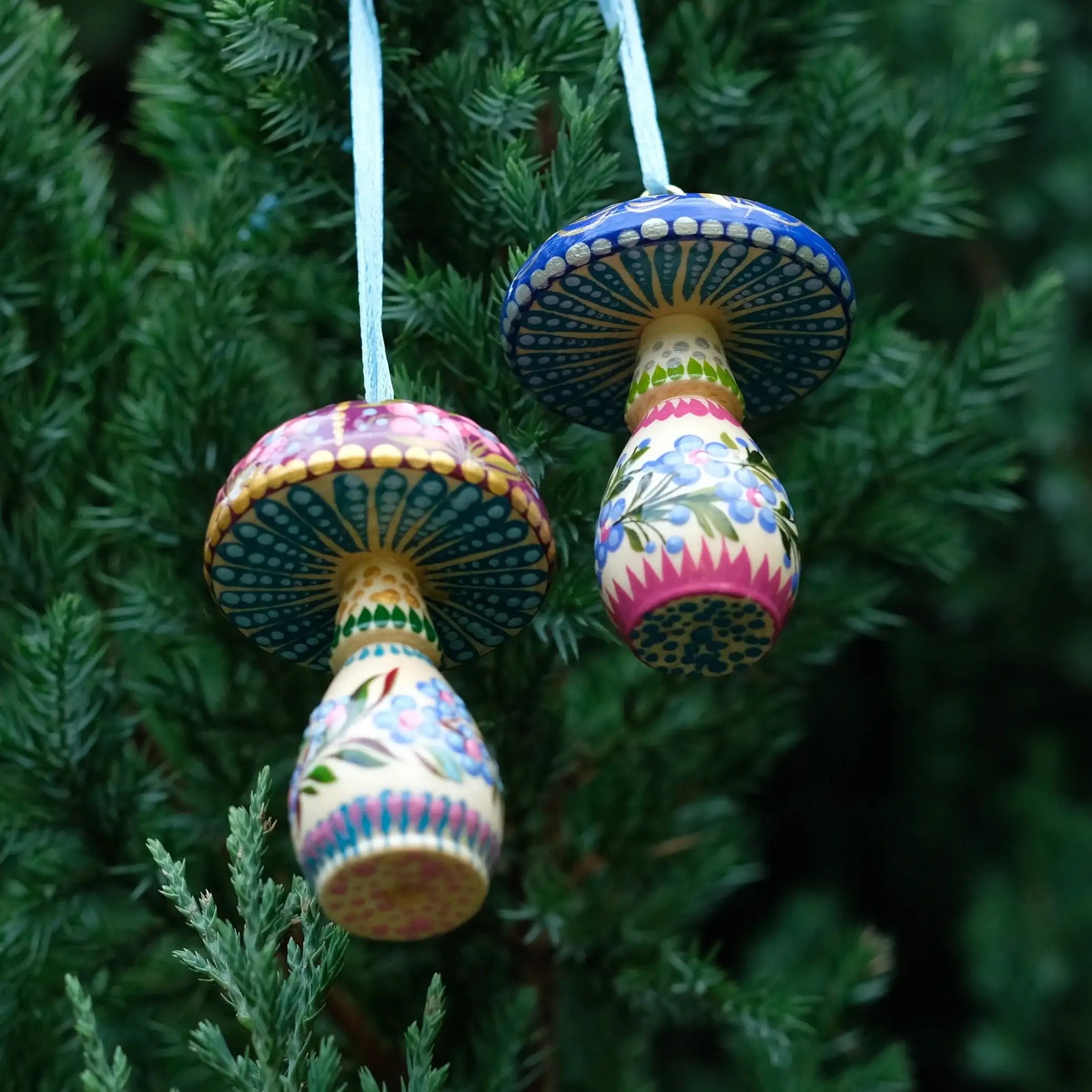 Set of 5 Painted Wooden Mushroom Christmas Ornaments