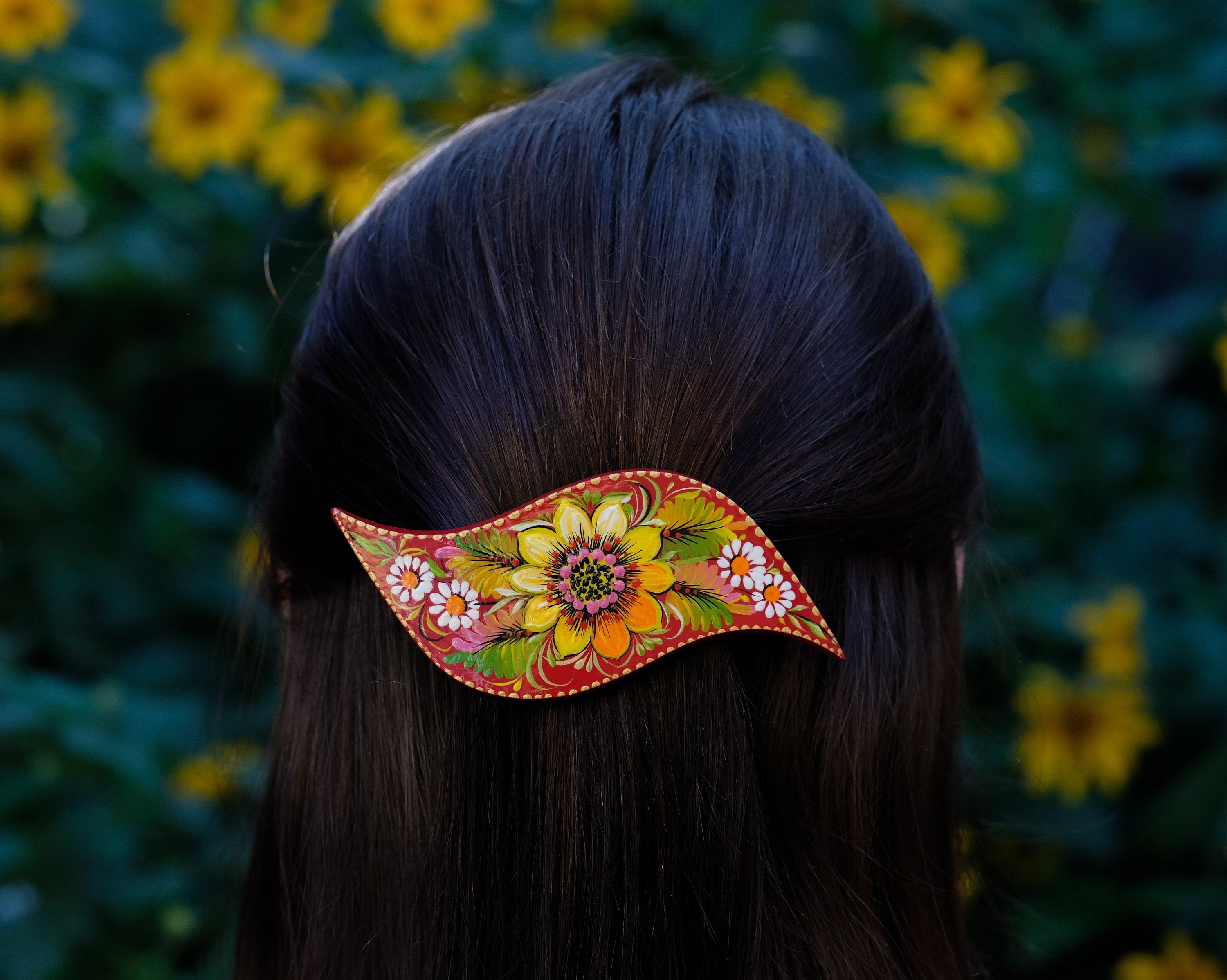 Hand-painted Wooden Sunflower Hair Barrette - Lightweight Artisanal Petrykivka Art French Hair Clip, Yellow Flower Barrette