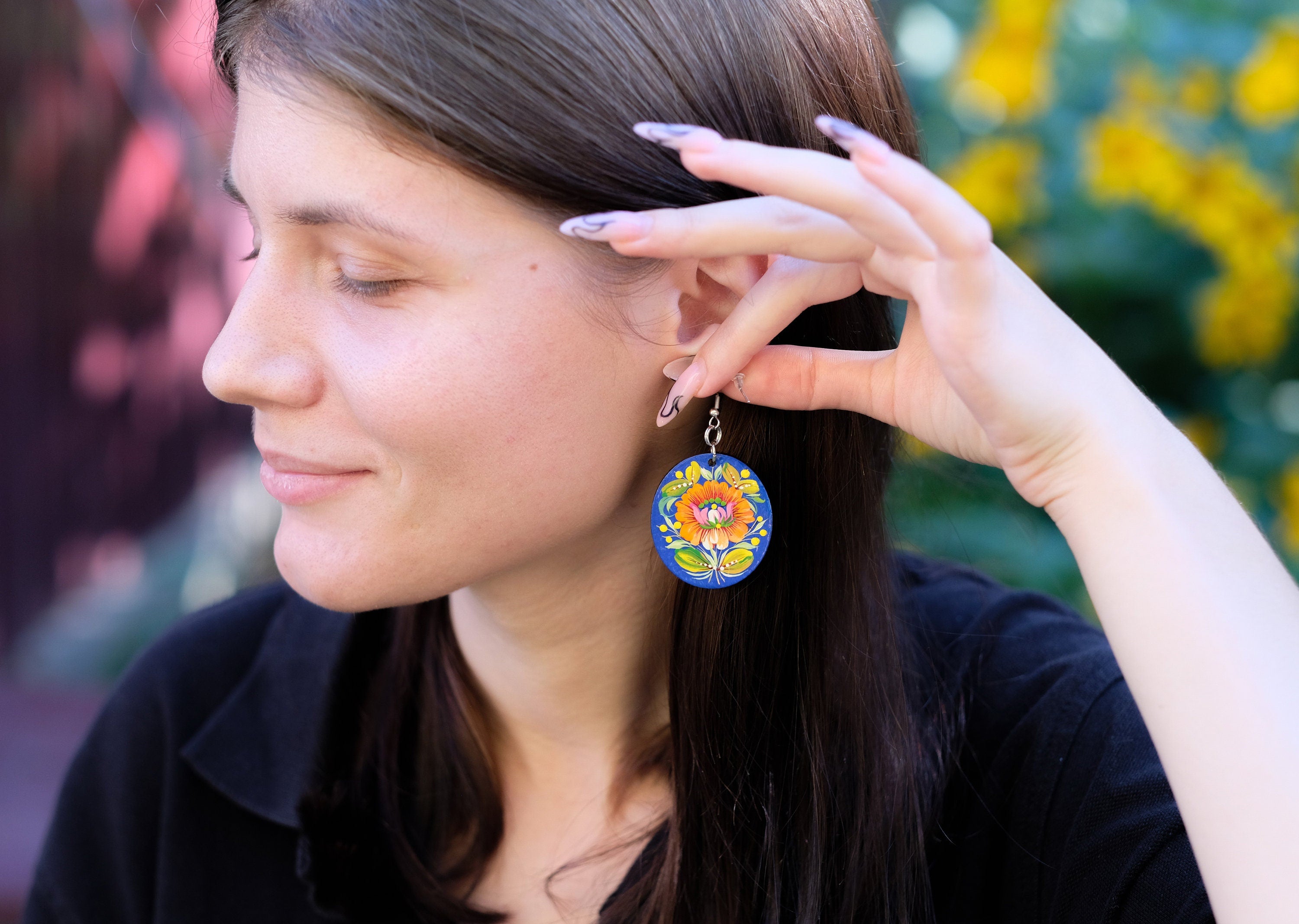 Hypoallergenic Painted Wooden Dangle Drop Earrings - Orange & Blue Flower Earrings, Petrykivka Art