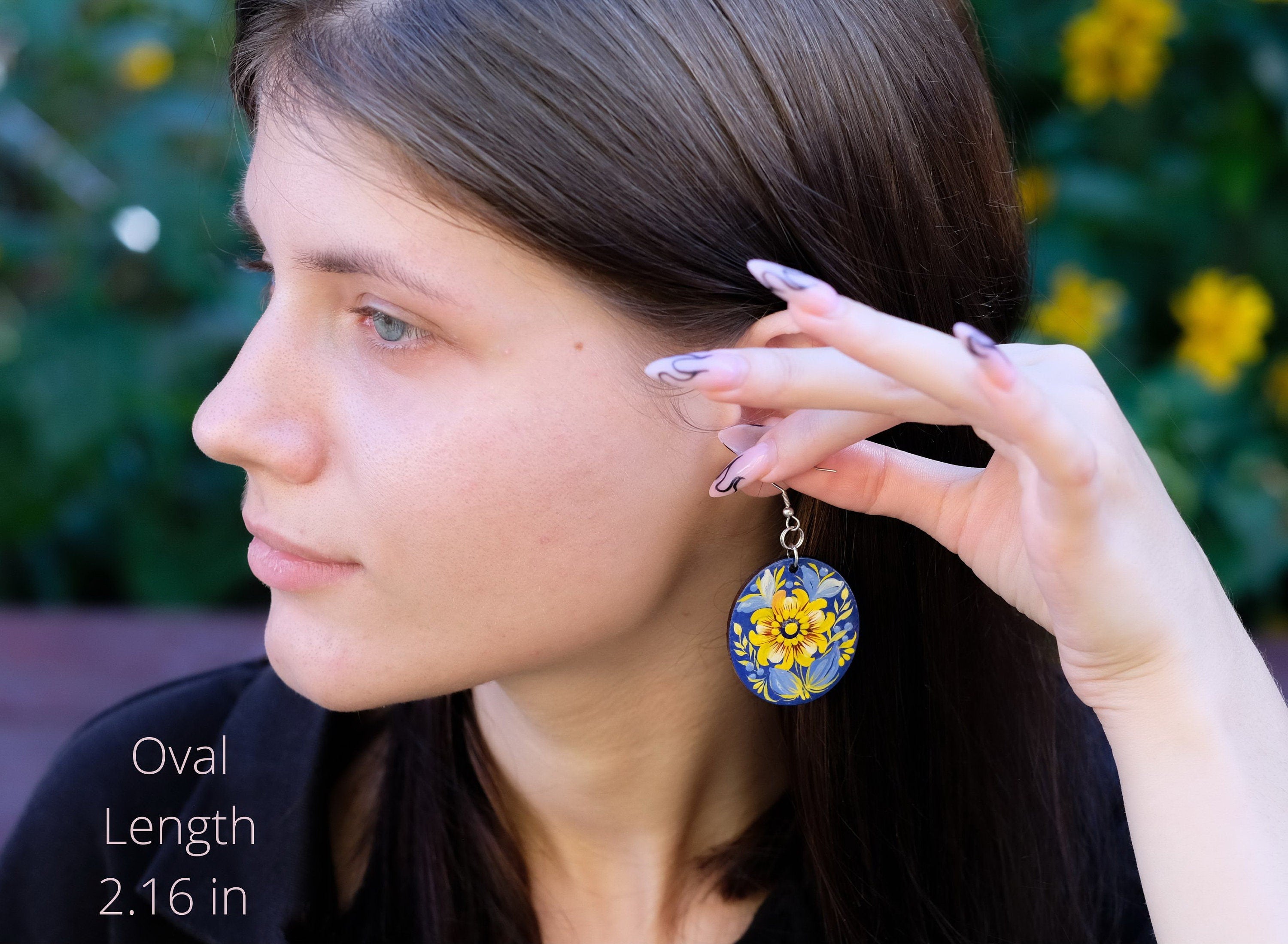 Ukrainian dangle earrings, Hypoallergenic wooden earrings, Blue and yellow earrrings, Lightweight circle earrings, Petrykivka flower earring