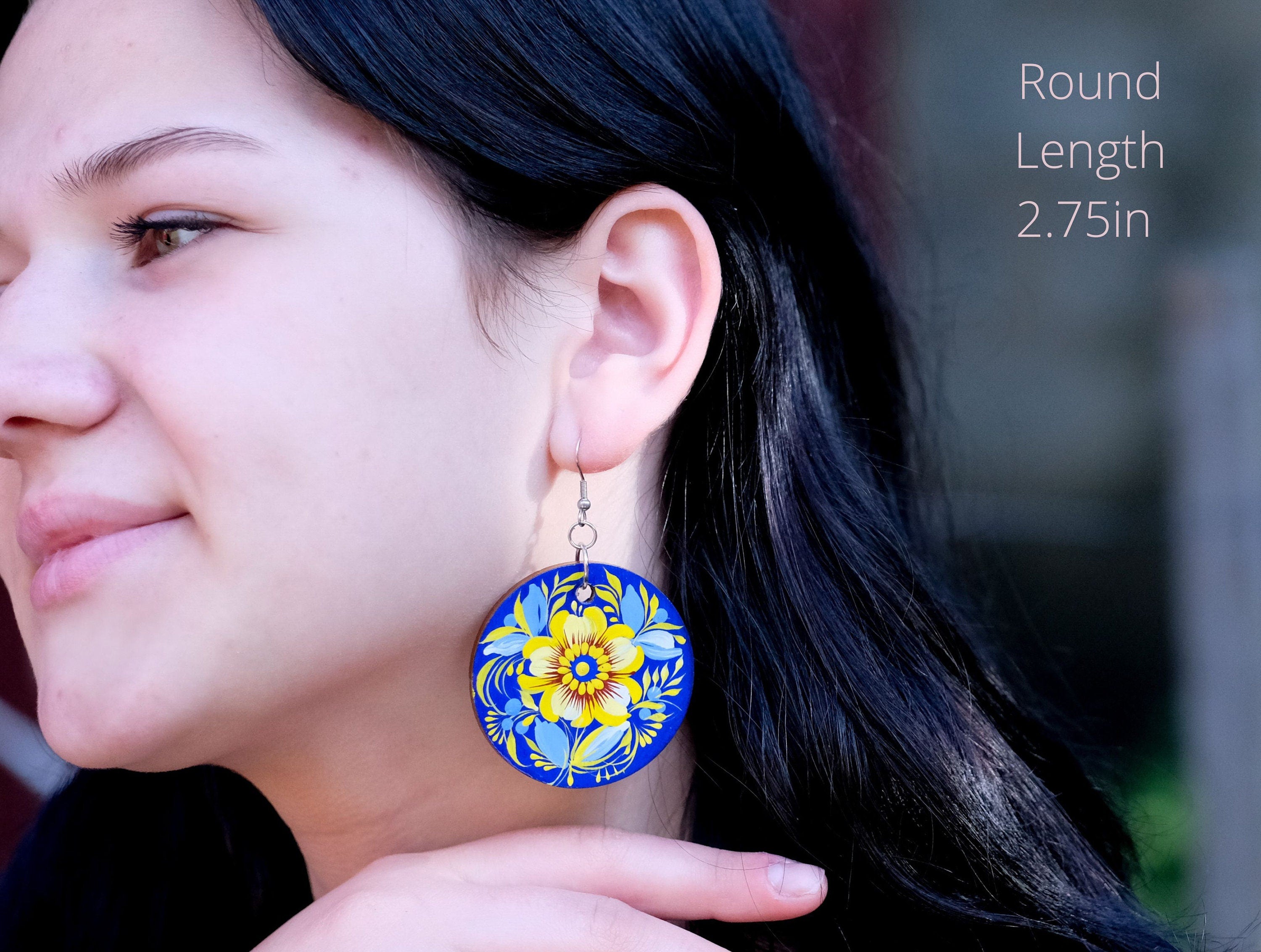 Ukrainian dangle earrings, Hypoallergenic wooden earrings, Blue and yellow earrrings, Lightweight circle earrings, Petrykivka flower earring