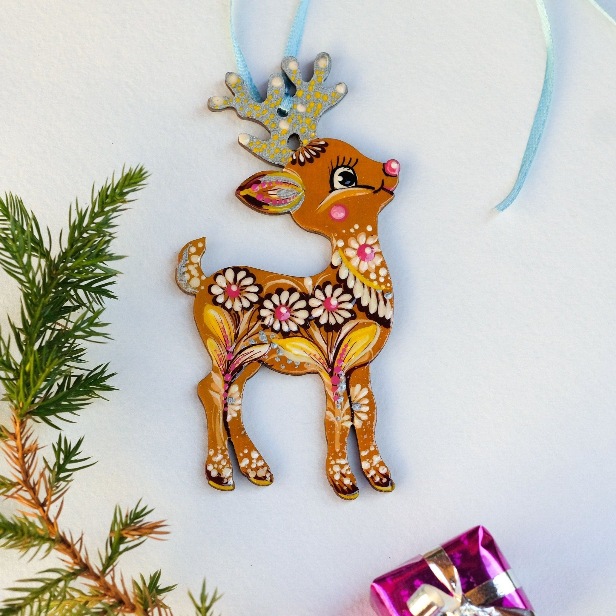 Deer Christmas ornament, Ukrainian Christmas decoration, Wooden Christmas reindeer, Painted Deer silhouette ornament, Unique animal ornament