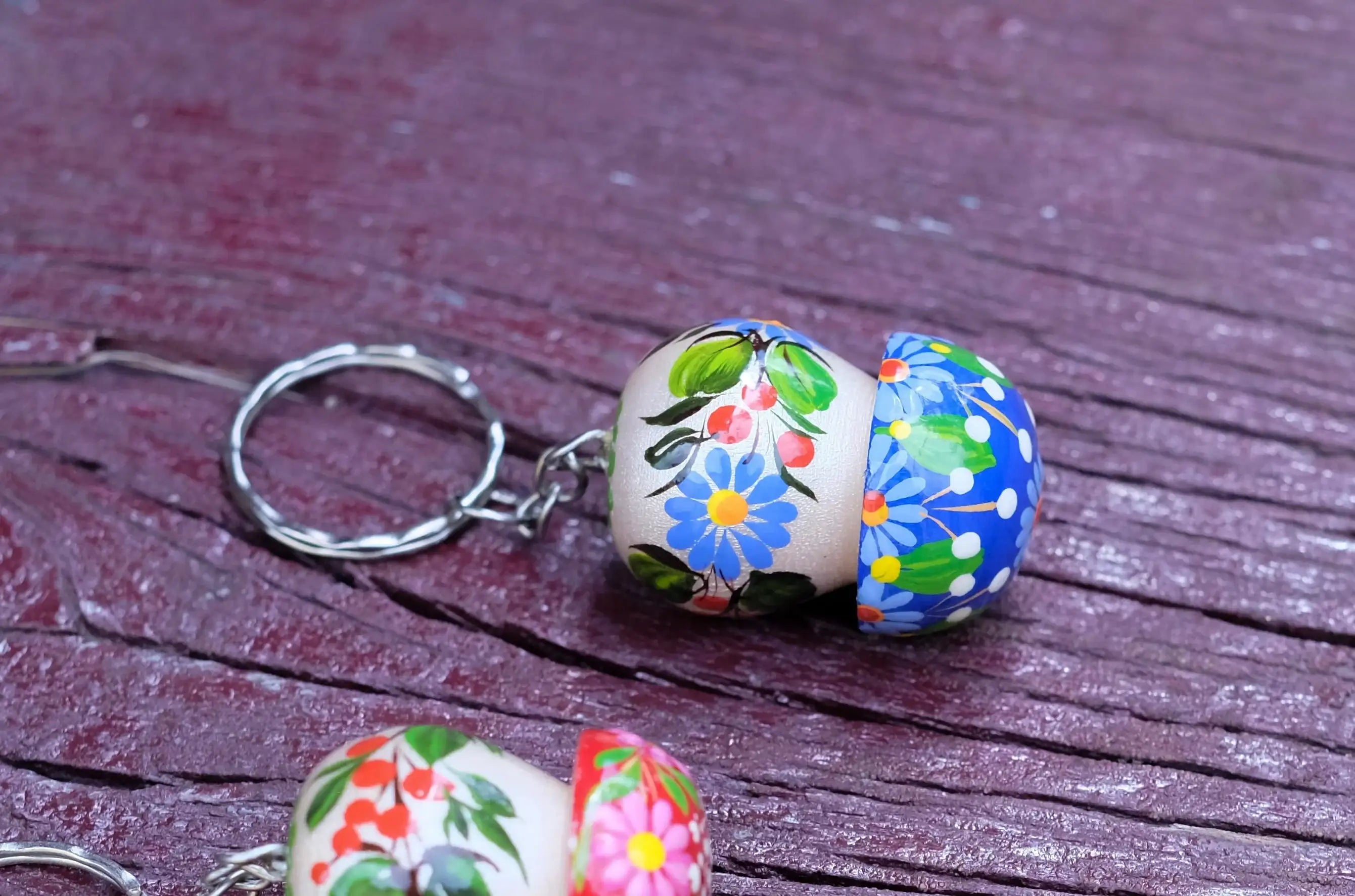 Painted Wooden Mushroom Key Chain - Tassel Bag Charm, Atrisanal Blue and Red Flower Key Ring